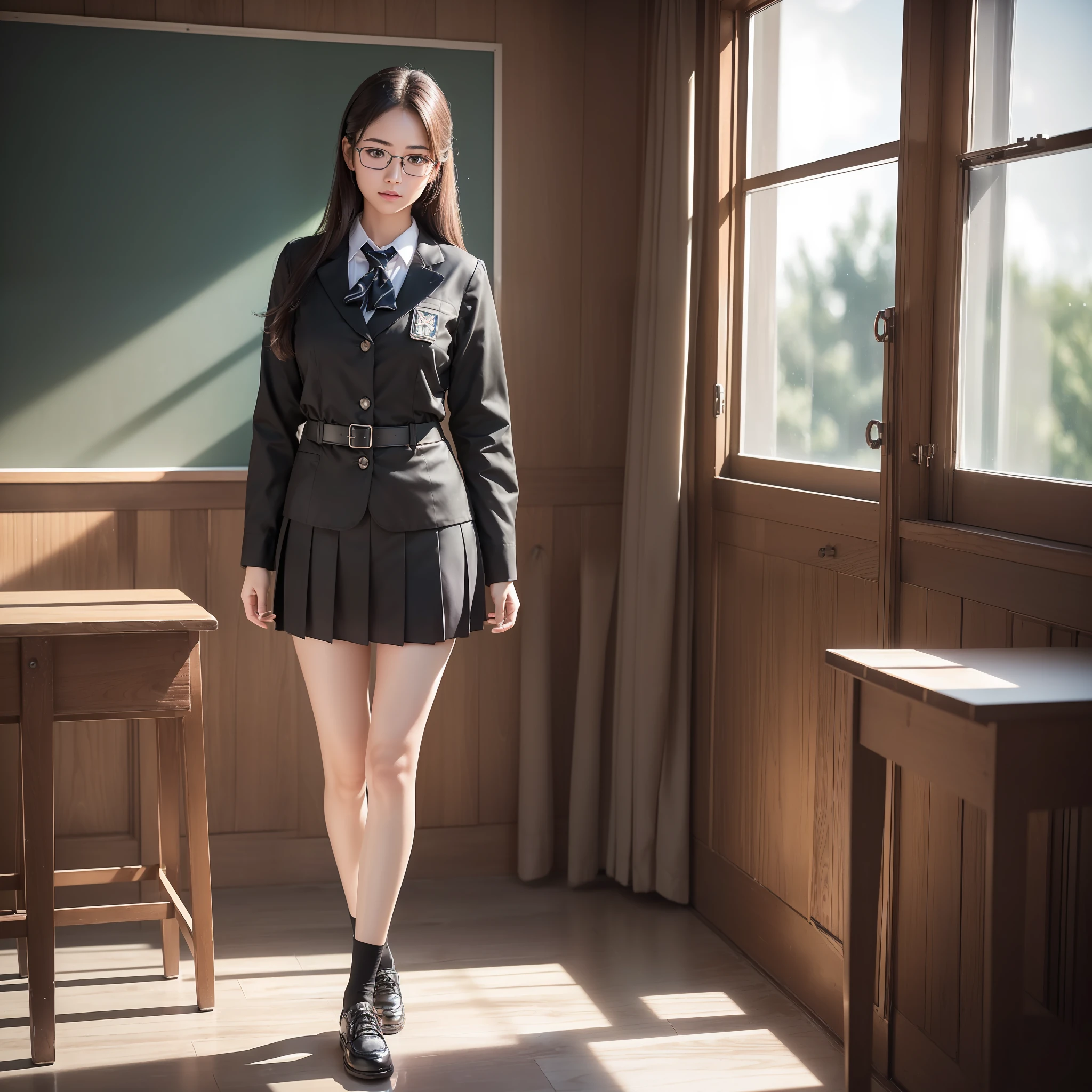 25 year old woman (glasses), black stockings, small, ((in the classroom)), (((uniform)), RAW photos, (photorealistic: 1.37, realistic), high-definition CG integrated 8K wallpaper, one girl, (((Perfect body: 1.1)), looking viewer, (((straight from the front))), (HQ skin: 1.2, shiny skin), 8k UHD, DSLR, soft lighting, High quality, film particles, FUJIFILM XT3, ((Full body: 0.8)), (Professional lighting: 1.4),