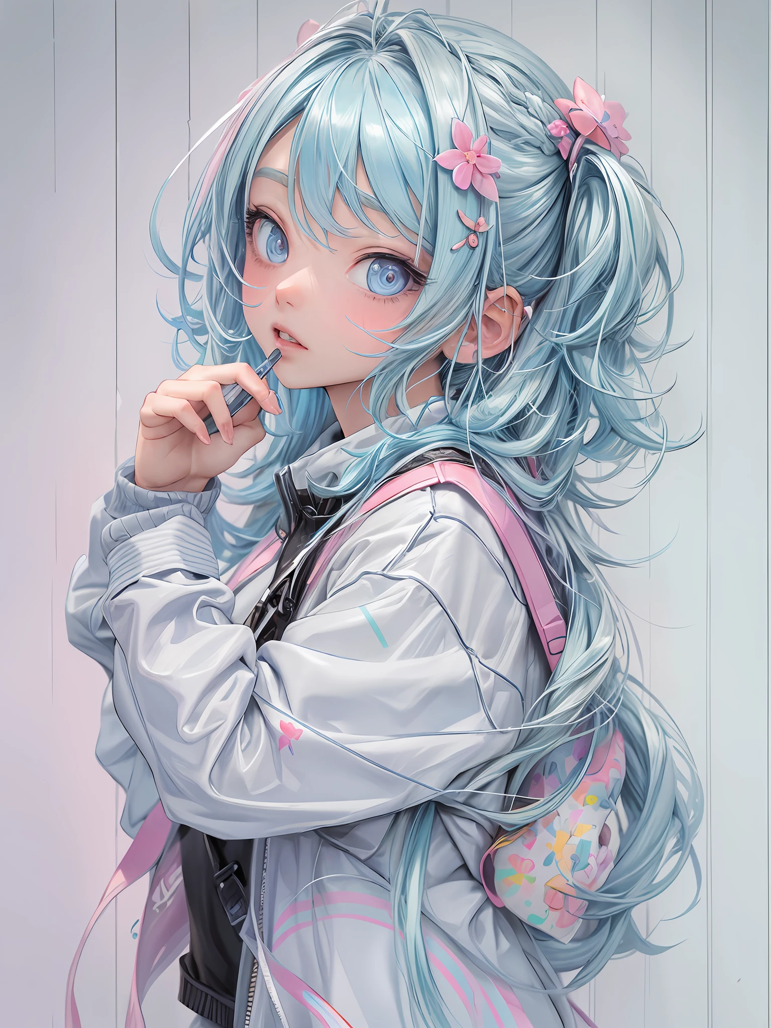 Masterpiece, best quality, official art, 8k wallpaper, very detailed, illustration, 1 girl, sky blue hair, sweatshirt, pink backpack, yogurt