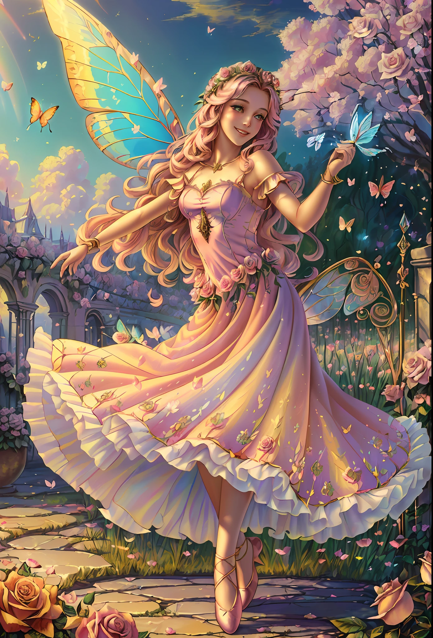 ((Best Quality)), ((Masterpiece)), ((Ultra-Realistic)), (((Fantasy Style)), Beautiful Intricate and Detailed Soft Oil Paintings Beautiful Dancing Fairies, Rainbow Wings, Smiling Detailed Faces, Rose Garden, Beautiful Eyes, Spring Time, Flowers, Fluffy Clouds, Butterflies, Animals Everywhere, Pink Roses, Golden Long Hair, Full Body, Pink Dress, Crystal Clear Feathers, Fluttering Rose Petals