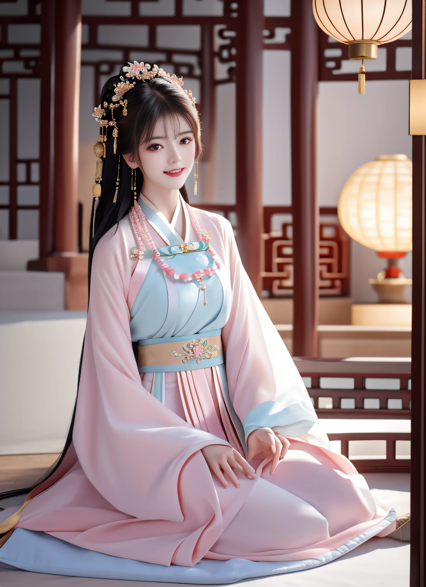 Superb Quality, Masterpiece, High Resolution, 1girl, Blush, (Seductive Smile: 0.8), Star Pupil, Chinese Hanfu Belly Pocket, Clothes Cutout, Hair Accessories, Necklaces, Jewelry, Beauty, on_body, Tyndall Effect, Realistic, Shadow Room, Light Edge, Two-tone Lighting, (High Detail Skin: 1.2), 8K UHD, SLR, Soft Light, High Quality, Volume Lighting, Voyeur, Photo, High Resolution, 4K, 8K, Background Blur, Shoulders Exposed, Arms Exposed, Thighs Exposed, Bracelet, Barefoot, Metal collar on the neck