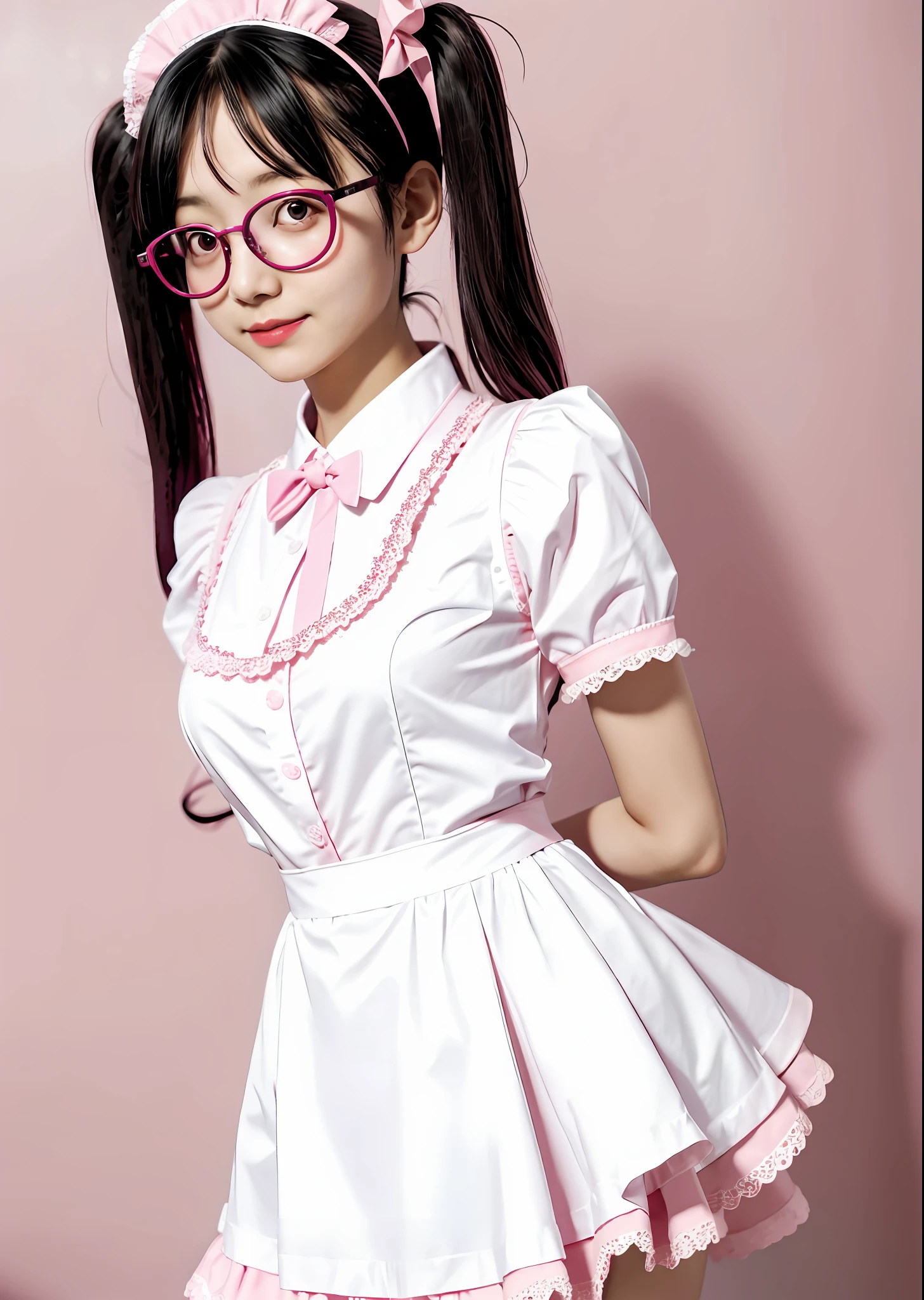 Realistic, high quality, maid, twin tails, maid clothes with open chest, pink maid clothes, pink round glasses, short skirt, waiting for karaoke,