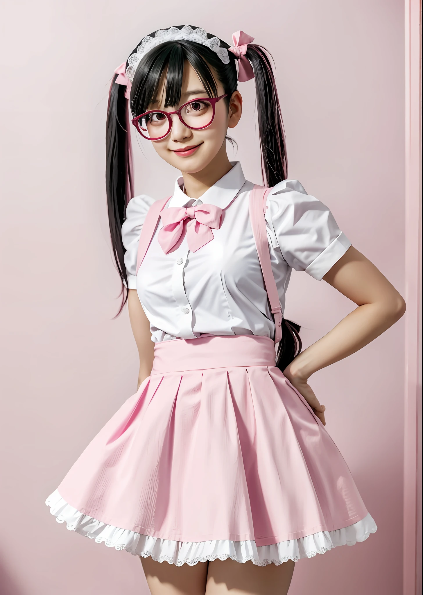 Realistic, high quality, maid, twin tails, maid clothes with open chest, pink maid clothes, pink round glasses, short skirt, waiting for karaoke,