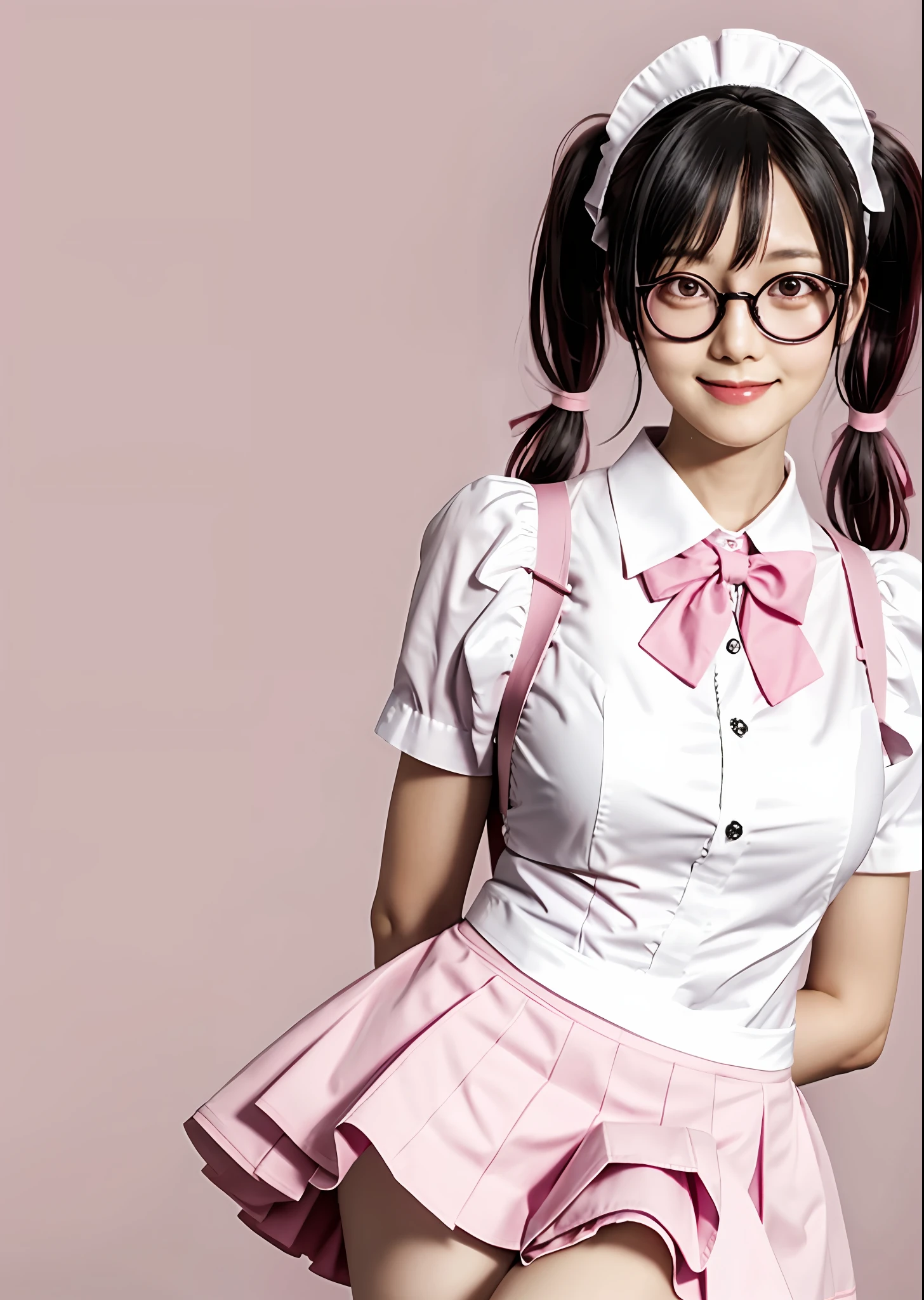 Realistic, high quality, maid, twin tails, maid clothes with open chest, pink maid clothes, pink round glasses, short skirt, waiting for karaoke,