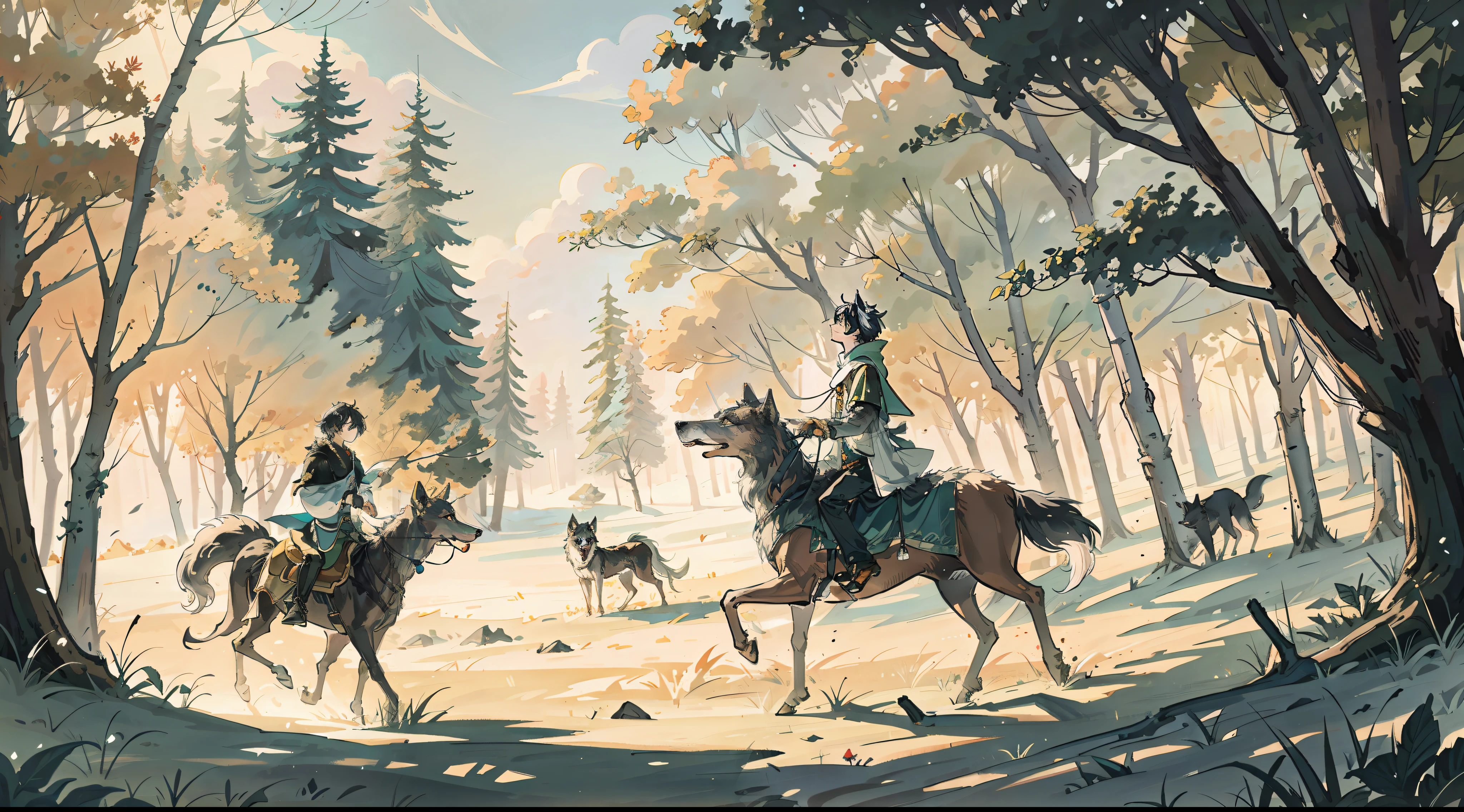 A boy surrounded by wolves in a forest full of magical animals