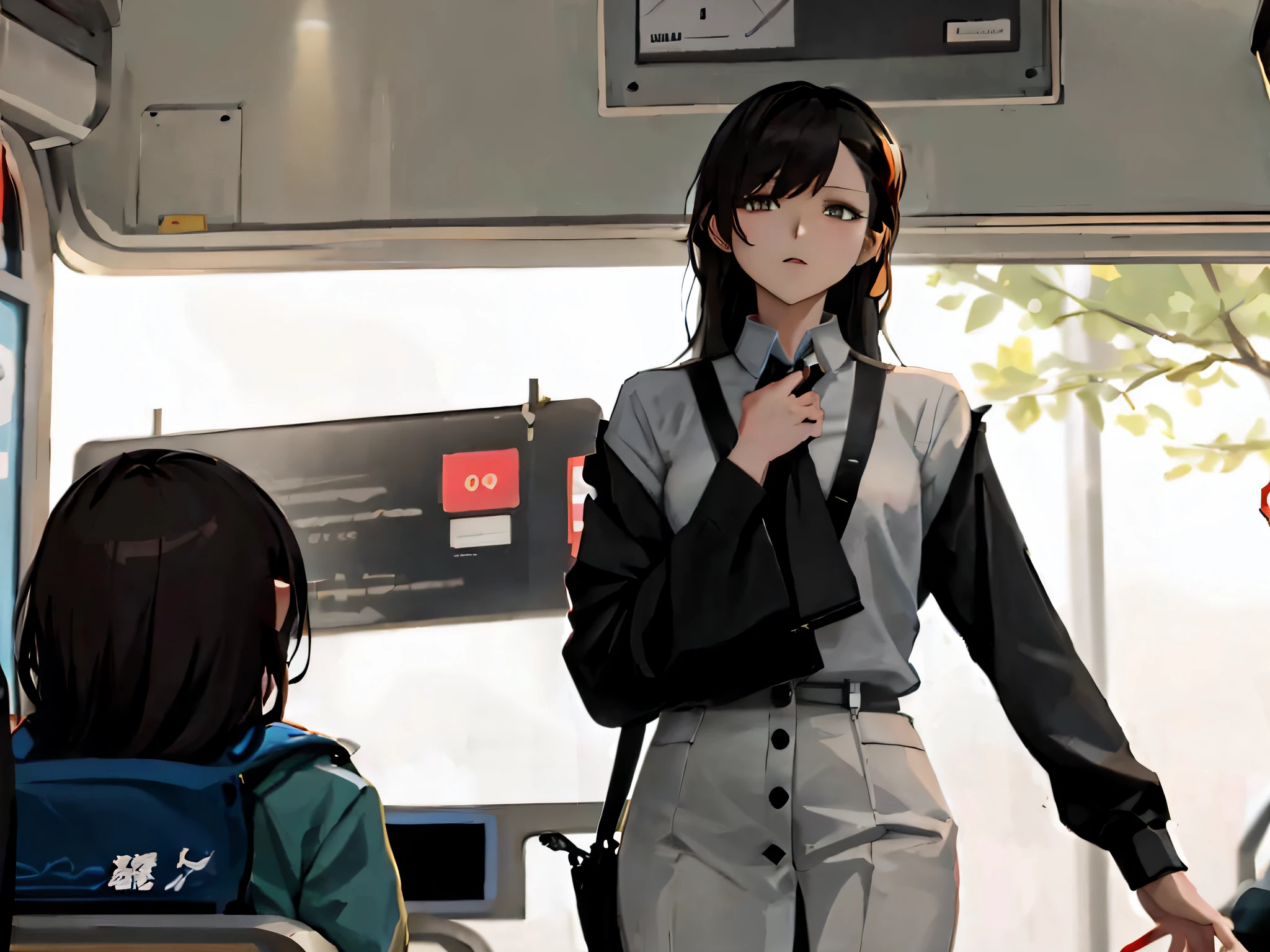 anime characters on a bus with a woman in a suit, artwork in the style of guweiz, modern anime style, girls frontline style, digital anime illustration, from girls frontline, painted in anime painter studio, anime styled digital art, realistic anime 3 d style, digital cyberpunk anime art, made with anime painter studio, in anime style, very modern anime style