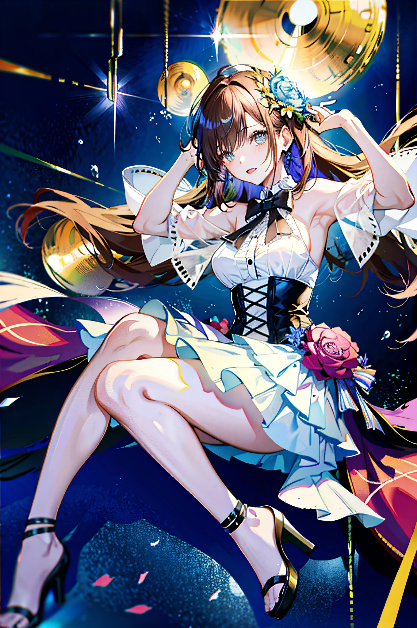 (best quality, detailed background, high resolution, absurd, blooming, messy hair, shiny hair, exposed to light, bright pupils),
1 girl, focused legs, earpiece, long hair, brunette hair, large_breasts, action_pose, sitting, behind arms, water, hair_ornament, hair over one eye, designer dress, dutch_angle, upper body, looking up at the sky