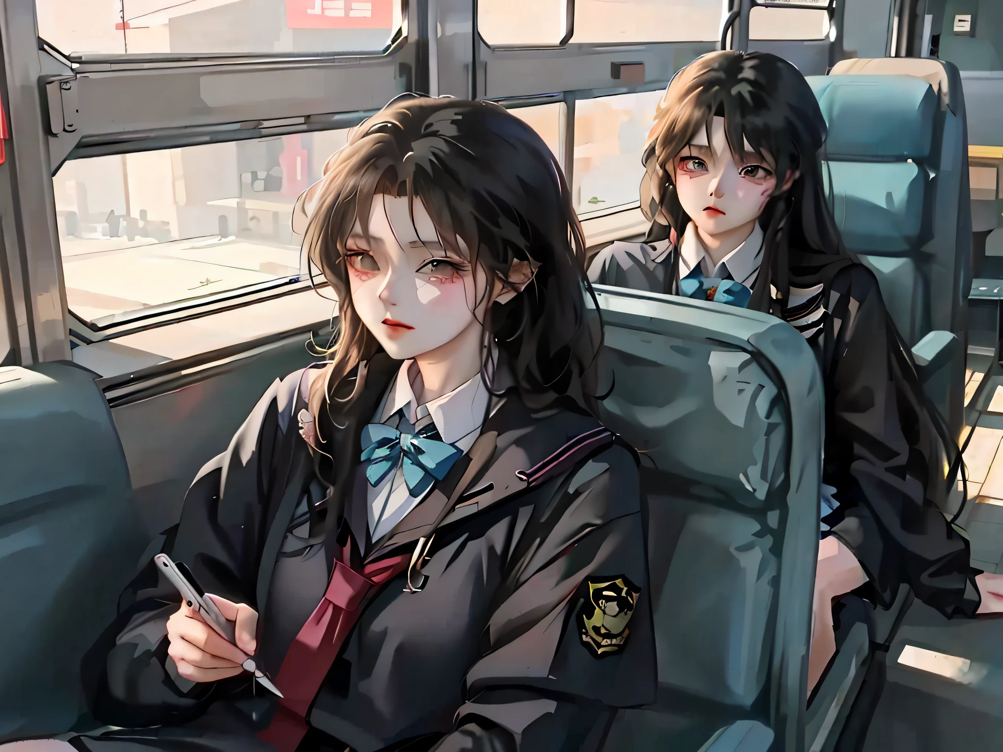 anime girl sitting on a bus with a cell phone, artwork in the style of guweiz, beautiful anime high school girl, guweiz, anime realism style, realistic anime art style, anime girls, realistic anime artstyle, two beautiful anime girls, in anime style, anime style 4 k, style anime, realistic anime 3 d style, beautiful anime style
