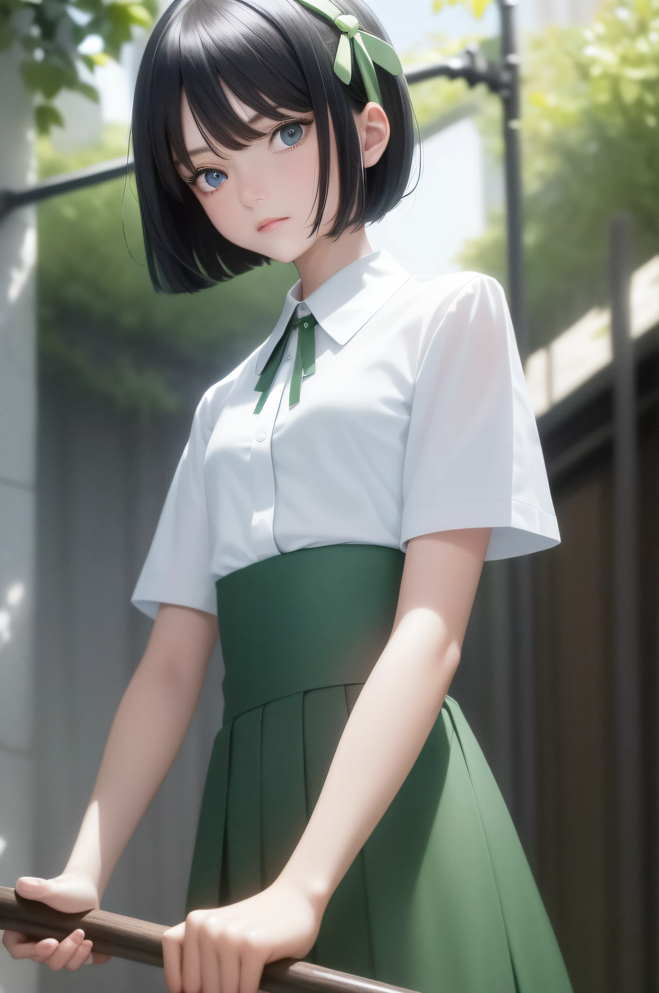 masterpiece, best image quality, black hair, blue eyes, looking up, upper body, thin transparent shirt with white collar, textured face, stubborn stance, small items in hand, shading, light awn, watercolor style, one girl surrounded by green, pointed, ultra high definition face, detailed eyes, neat thin soft cloth green skirt, short hair with random hairstyle, green ribbon