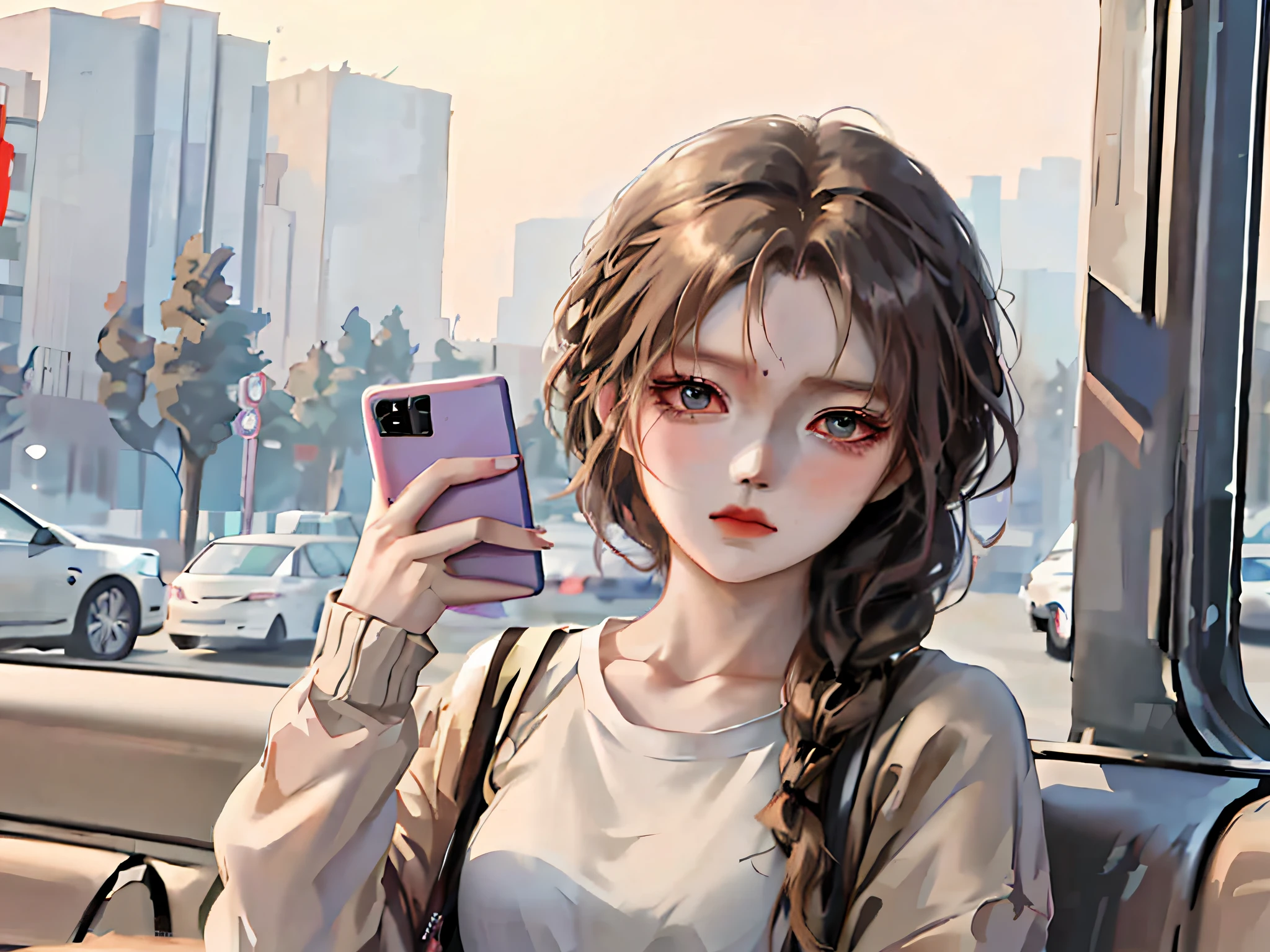 anime girl with long hair holding up a cell phone in a car, artwork in the style of guweiz, anime style. 8k, portrait anime girl, digital anime illustration, guweiz, realistic anime artstyle, anime style 4 k, in an anime style, realistic anime 3 d style, beautiful anime portrait, in anime style, beautiful anime girl