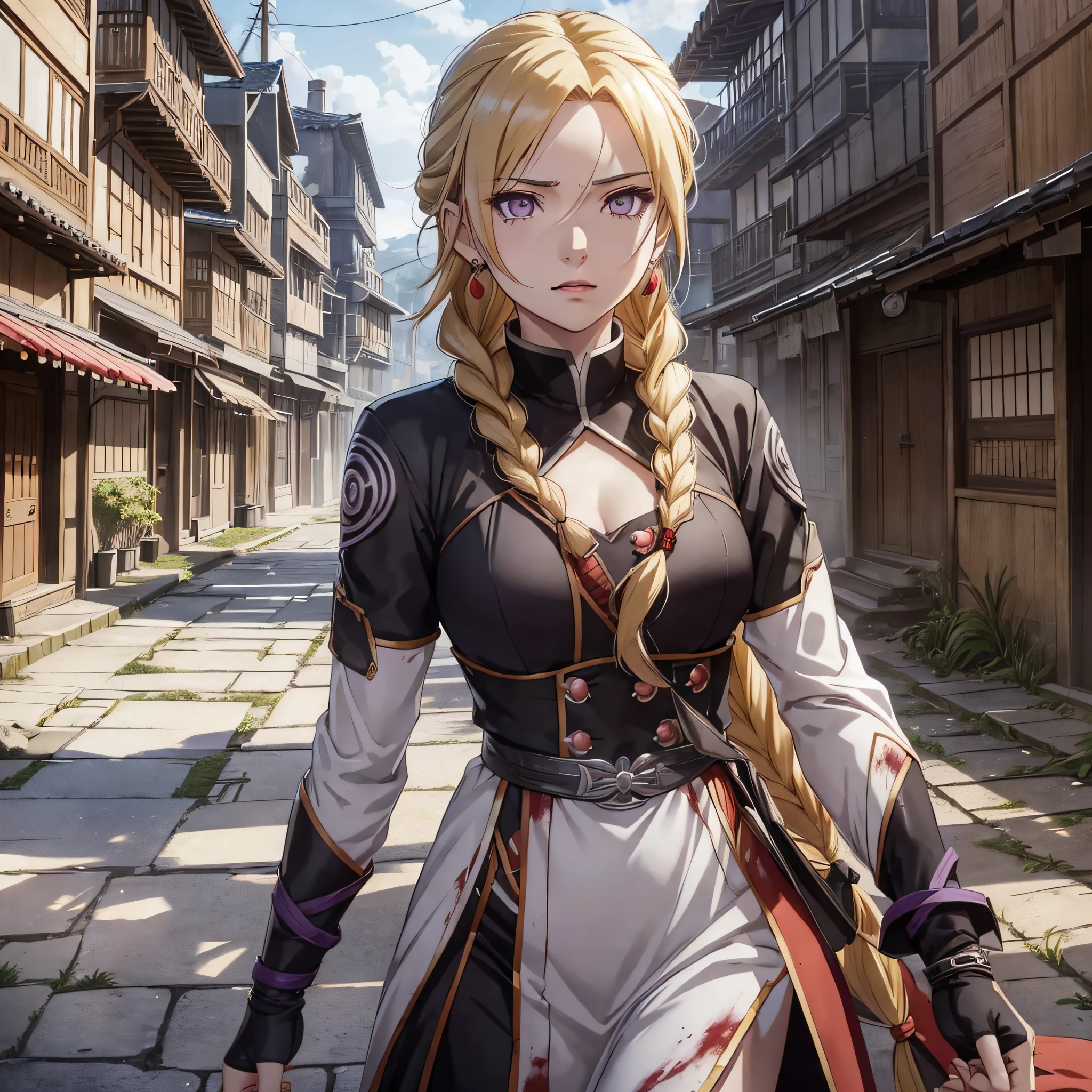 nastasya, 1girl, solo, yang xiao long, rwby, long hair, looking at the viewer, purple eyes, blonde hair, jewelry, closed mouth, braid, earrings, (((braid) single), large chest, small neckline, makeup, lipstick, blood red lips, purple details on clothing, kunoichi, konohagakure village, naruto shippuden, (cinematic look: 1.4), walking through the destroyed village, soft tones, insane details, intricate details, hyperdetailed, Low contrast, soft cinematic light, dark colors, exposure mixing, HDR-Auto --auto --s2
