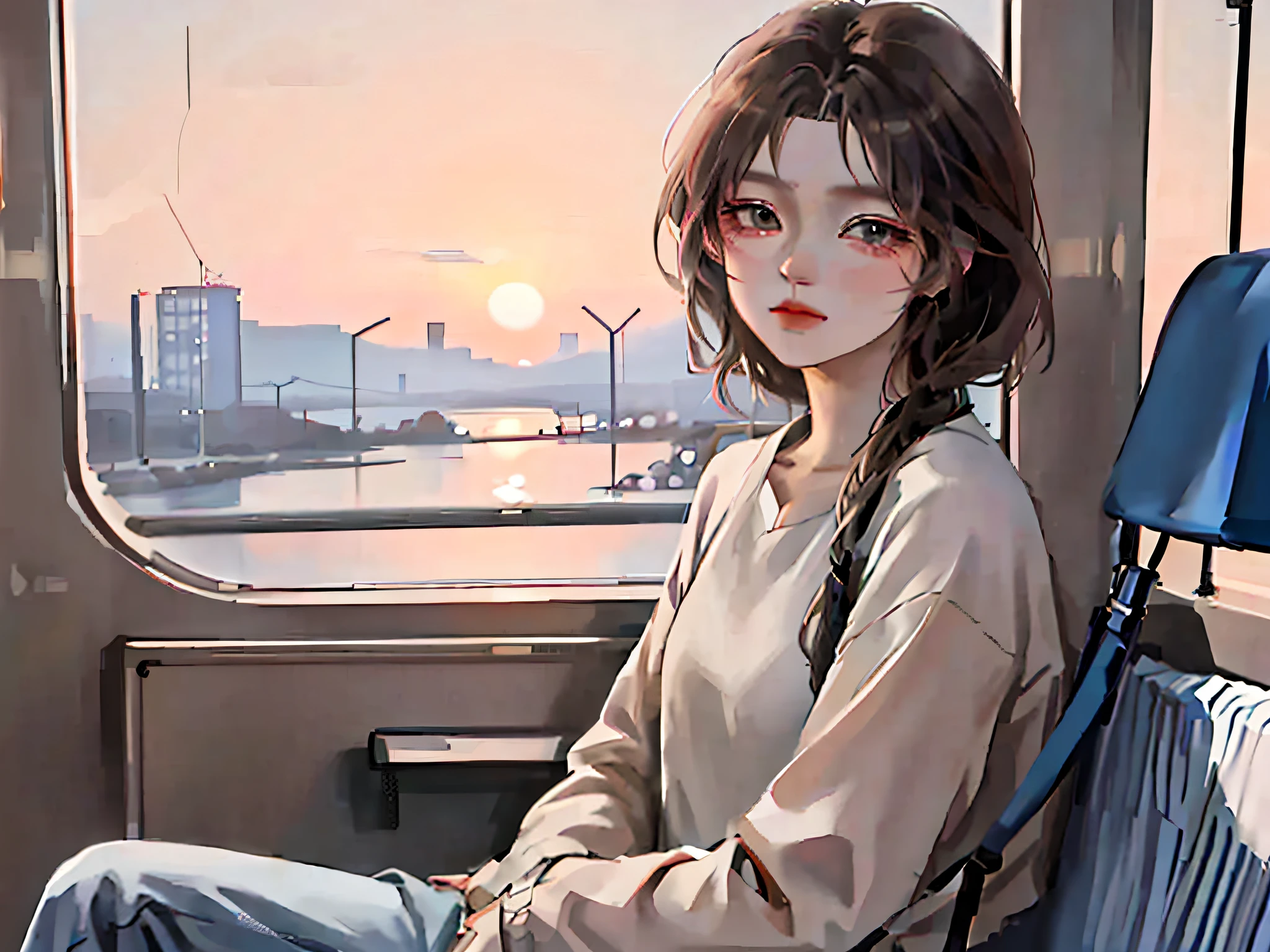 anime girl sitting on a train looking out the window, beautiful anime portrait, lofi portrait at a window, beautiful anime girl, lofi portrait, lofi girl, portrait anime girl, artwork in the style of guweiz, high quality portrait, with sunset, attractive anime girl, cute anime girl, realistic cute girl painting, anime style. 8k