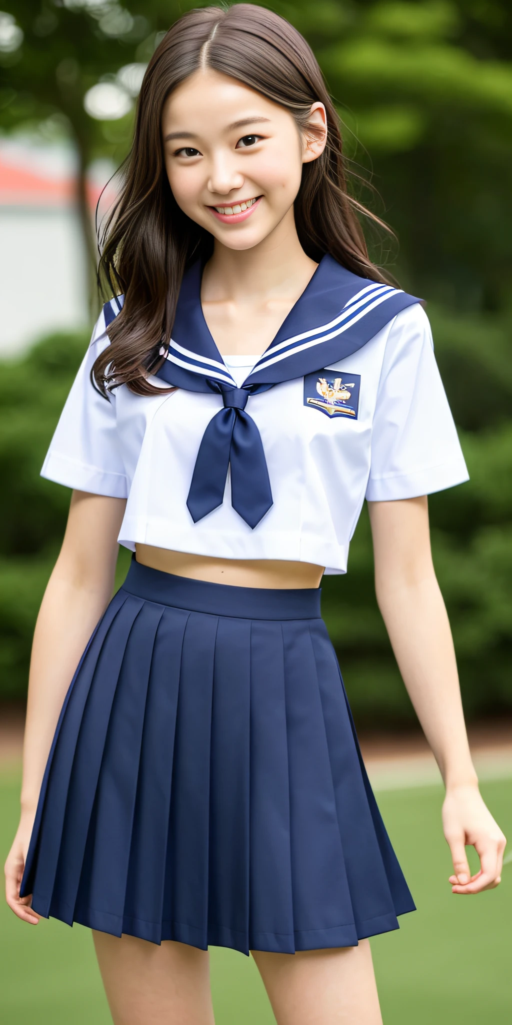 neat college girl, (school uniform, sailor uniform, ribbon tied at chest, summer uniform, upper body white, skirt is navy blue), outside the athletic field, (slim), photorealistic, detail, skin texture, ultra detail, delicate and sexy collarbone, smile, super detailed face, detailed lips, detailed eyes, double eyelids, small breasts, small breasts, small, flat breasts, breast emphasis