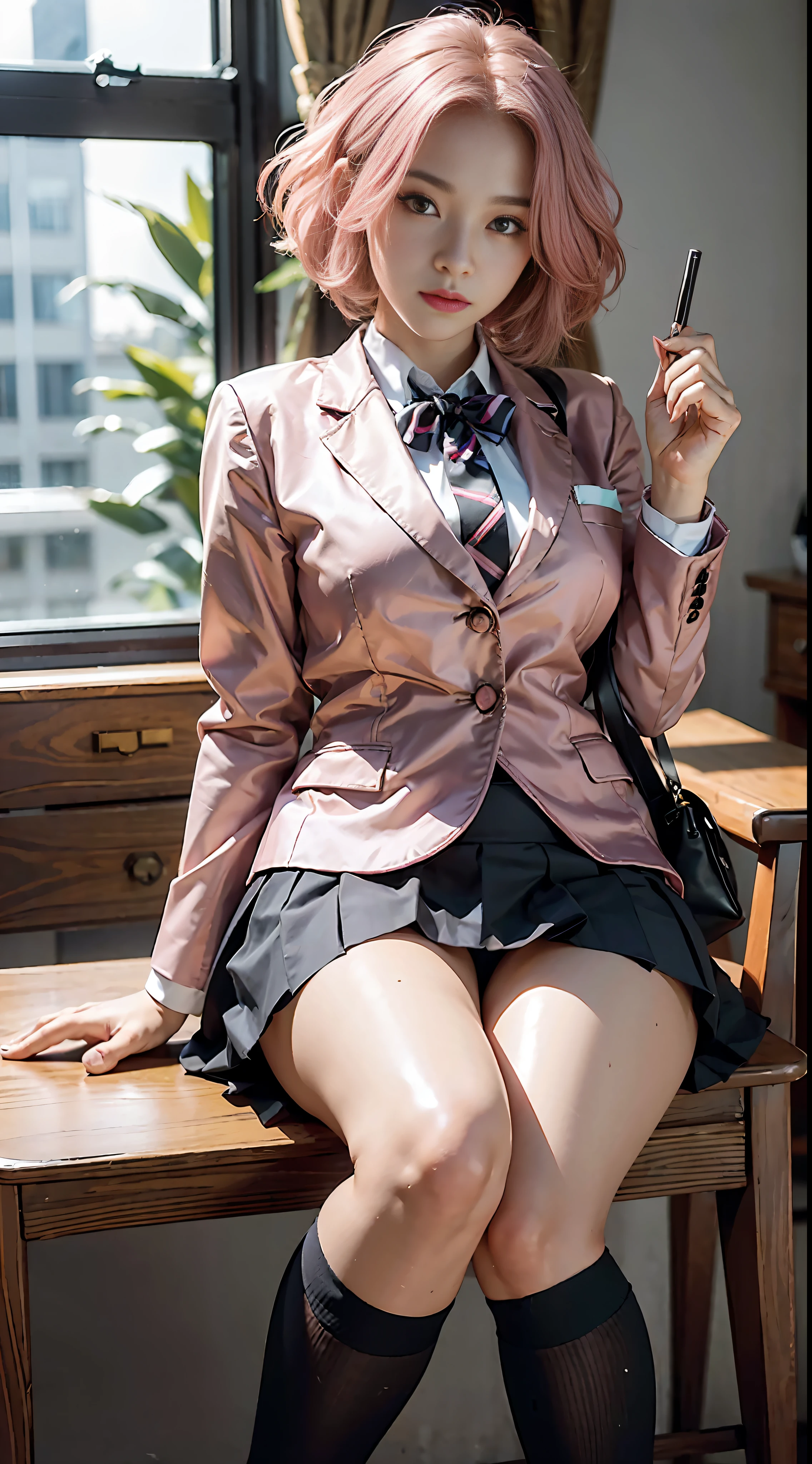 (Photogenic, Masterpiece: 1.5), Blazer school uniform, mini skirt, voluptuous body, short pink hair, sitting at desk, black pants visible through crossed legs, pointing, beautiful face, black underwear, shiny thighs, pure white skin, Japan, school girl, realistic