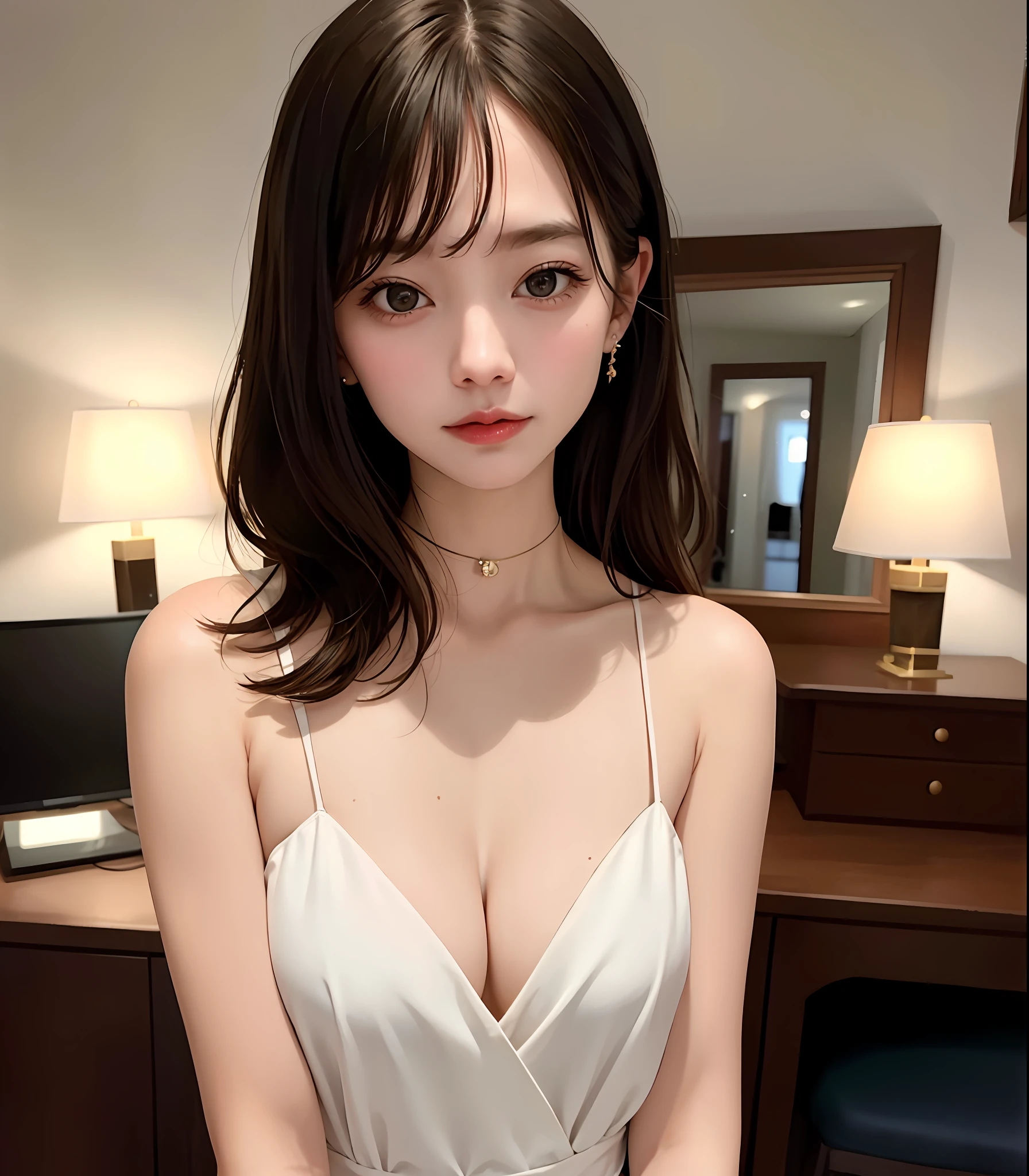 {{{{{1 girl}}}}}, {{{{{solo}}}}}, most beautiful photo, complex, high detail, sharp focusing, dramatic, bedroom at night, {{{{{{photo}}}}}},
{{{short torso}}}, {{{very long legs}}}, {{{very thin waist}}}, {{{very small hip}}}, {{{{{very small head}}}}}, {{{{{very oversized well-rounded breastshes
like huge watermelons}}}}}, {{{{{gathered breasts}}}}},
{{{distinct clavicle}}}, {{{distinct cleavage between breasts}}},
{{{white skin}}}, {{{light brown hair}}},{{{{{{30 years old}}}}}}, {{{{waist shot}}}}, {{{{{horizontal-angle shot}}}}}, {{{emotionless face}}}, {{{looking at the viewer}}}, {{{{{chest height perspective}}}}}, {{{white tube micro mini dress}}}, {{{{body consious dress}}}},{{{sleeveless dress with a plunging neckline fully exposed cleavage of the breast}}}, bare legs, bare navel, narrow white choker