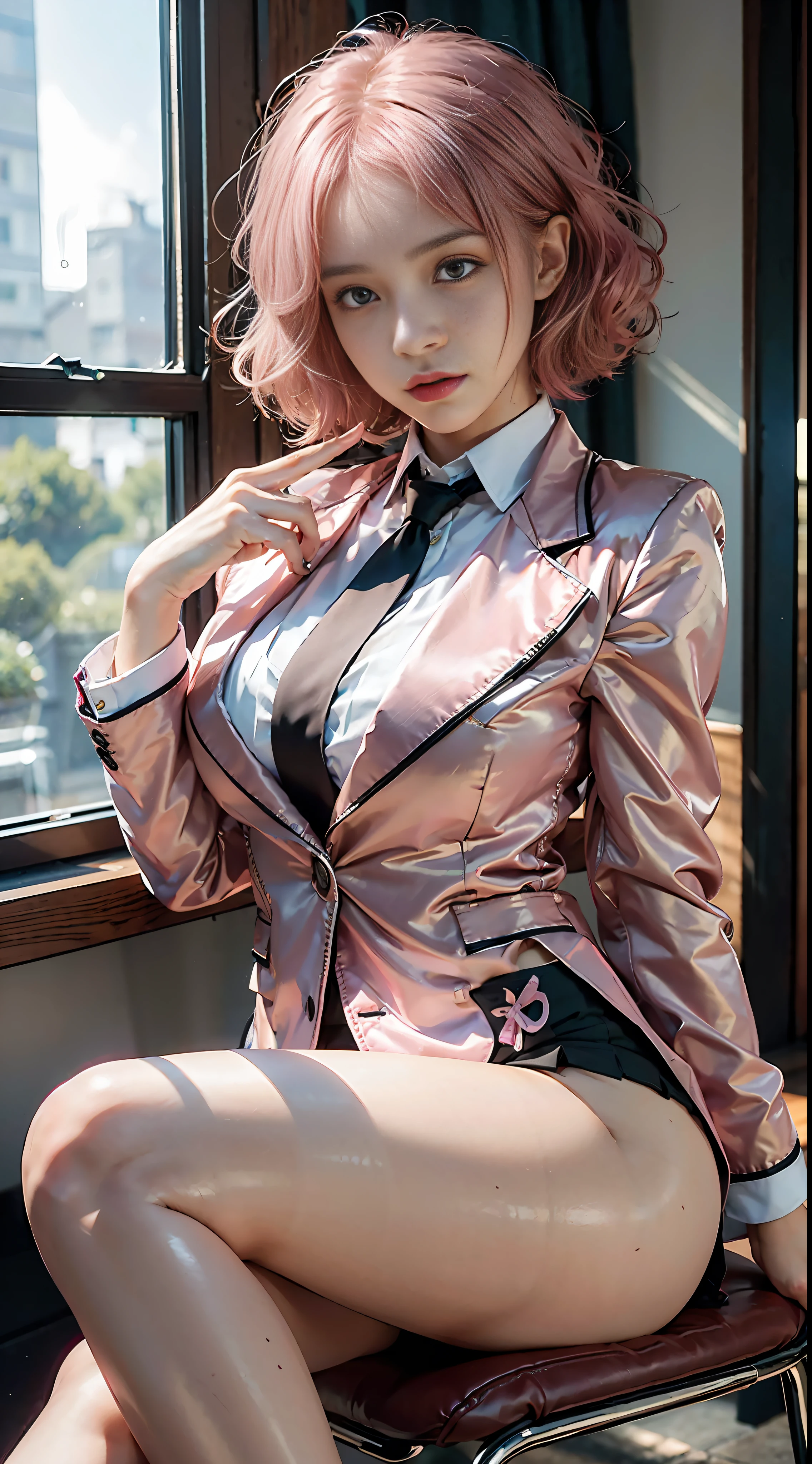 (Photogenic, Masterpiece: 1.5), Blazer school uniform, mini skirt, voluptuous body, short pink hair, sitting at desk, black pants visible through crossed legs, pointing, beautiful face, black underwear, shiny thighs, pure white skin, Japan, school girl, realistic