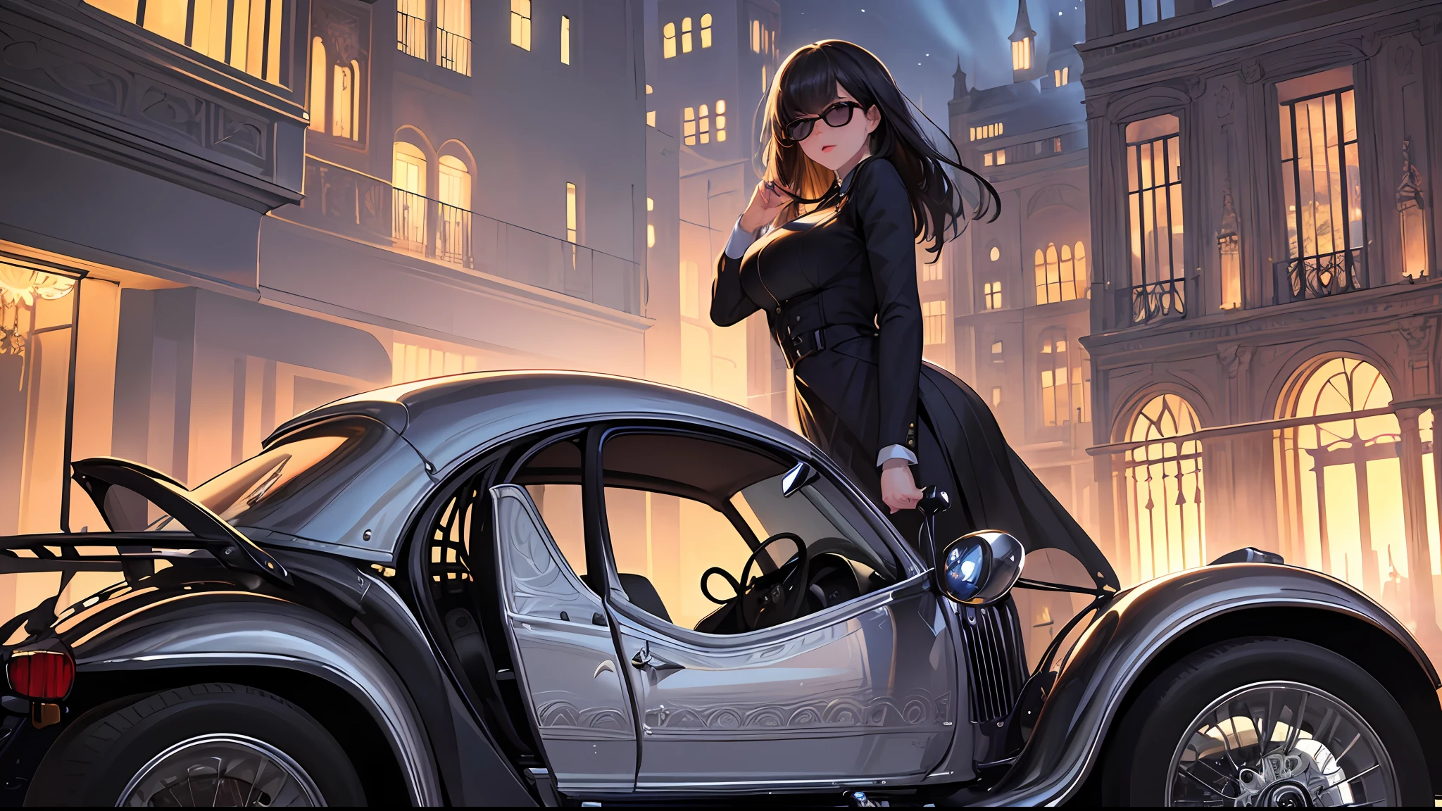 (masterpiece, best quality, ultra-detailed, best shadow), (saturated colors), (detailed background), (best illumination, an extremely delicate and beautiful), ((cinematic light)), hyper detail, dramatic light, intricate details, detailed face, detailed expression, detailed eyes, ((city)), 1girl, (adult), (milf), mature, ((sportscar)), sunglasses, driving, uniform