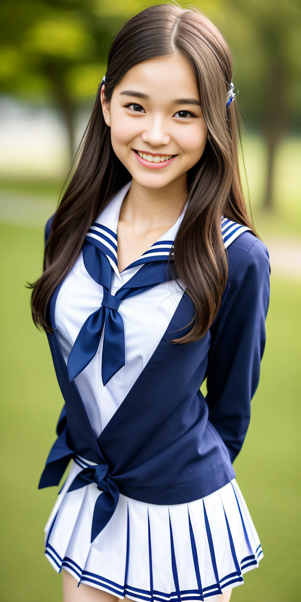 neat college girl, (school uniform, sailor uniform, ribbon tied at chest, summer uniform, upper body white, skirt is navy blue), outside the athletic field, (slim), photorealistic, detail, skin texture, ultra detail, delicate and sexy collarbone, smile, super detailed face, detailed lips, detailed eyes, double eyelids, small breasts, small breasts, small, flat breasts, breast emphasis