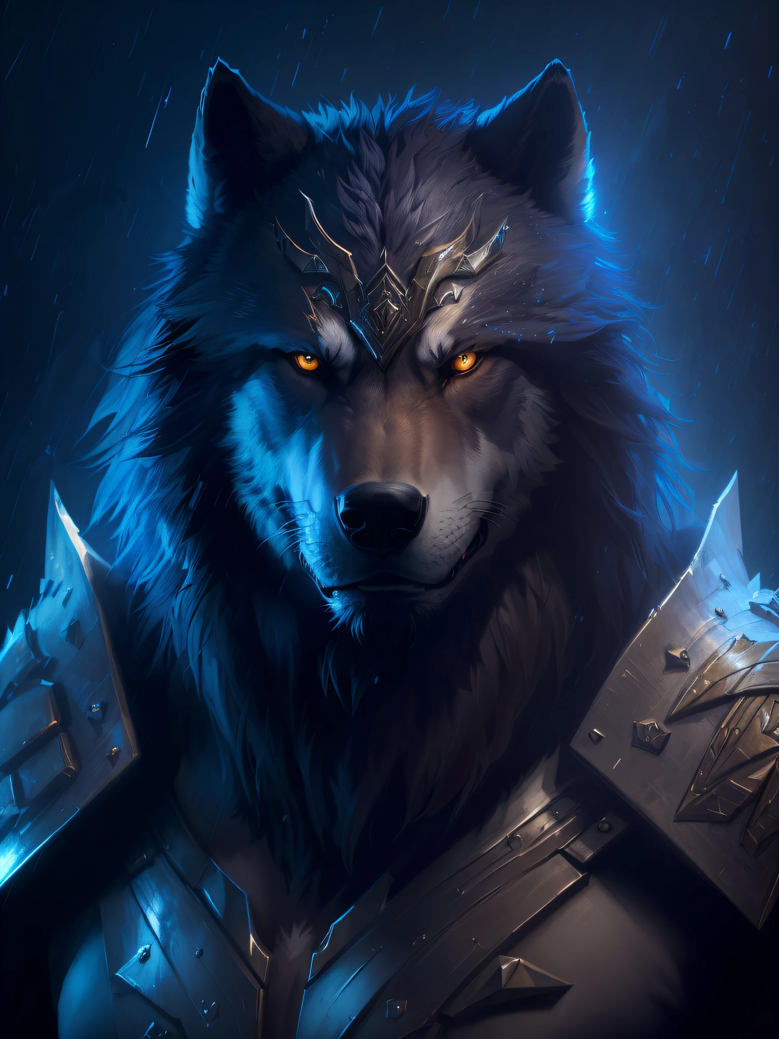 there is a wolf with a sword and armor on it, fantasy wolf portrait, dramatic cinematic detailed fur, wojtek fus, fenrir, great wolf, by Adam Marczyński, anthro wolf face, wolf armor, furry wolf, alpha wolf head, dire wolf, an anthropomorphic wolf, epic fantasy digital art style, wolf portrait