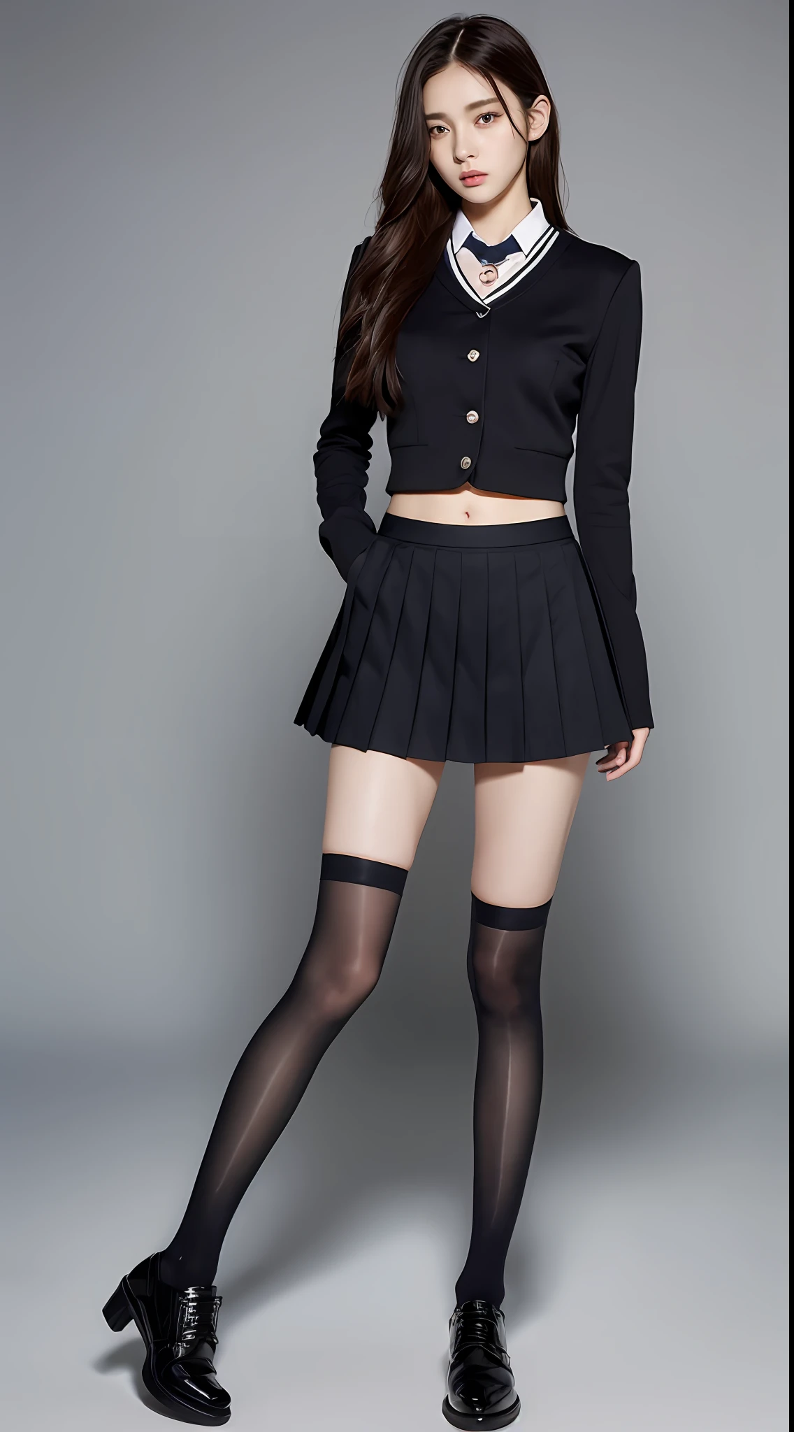 Black shoes, ((top quality, 8k, masterpiece: 1.3)), one girl, uniform, black pleated skirt, ultra-detailed face, detailed eyes, double eyelids, navel, slender thighs
