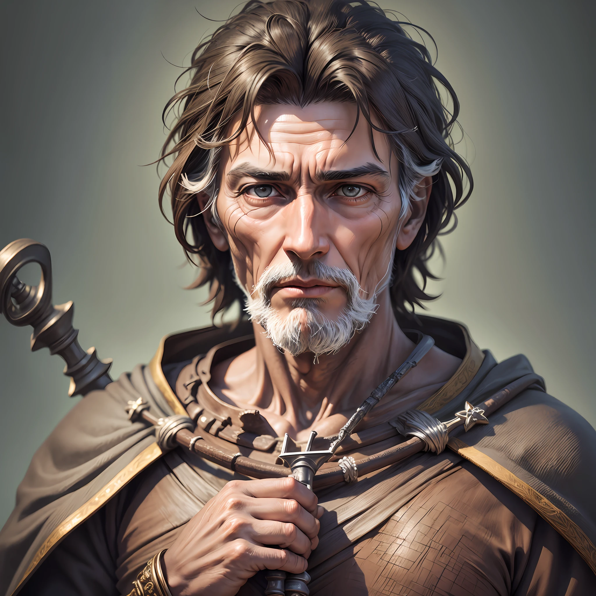 (RAW photo, realistic: 1.9), St. Anthony, detailed face, skin detail, holding staff