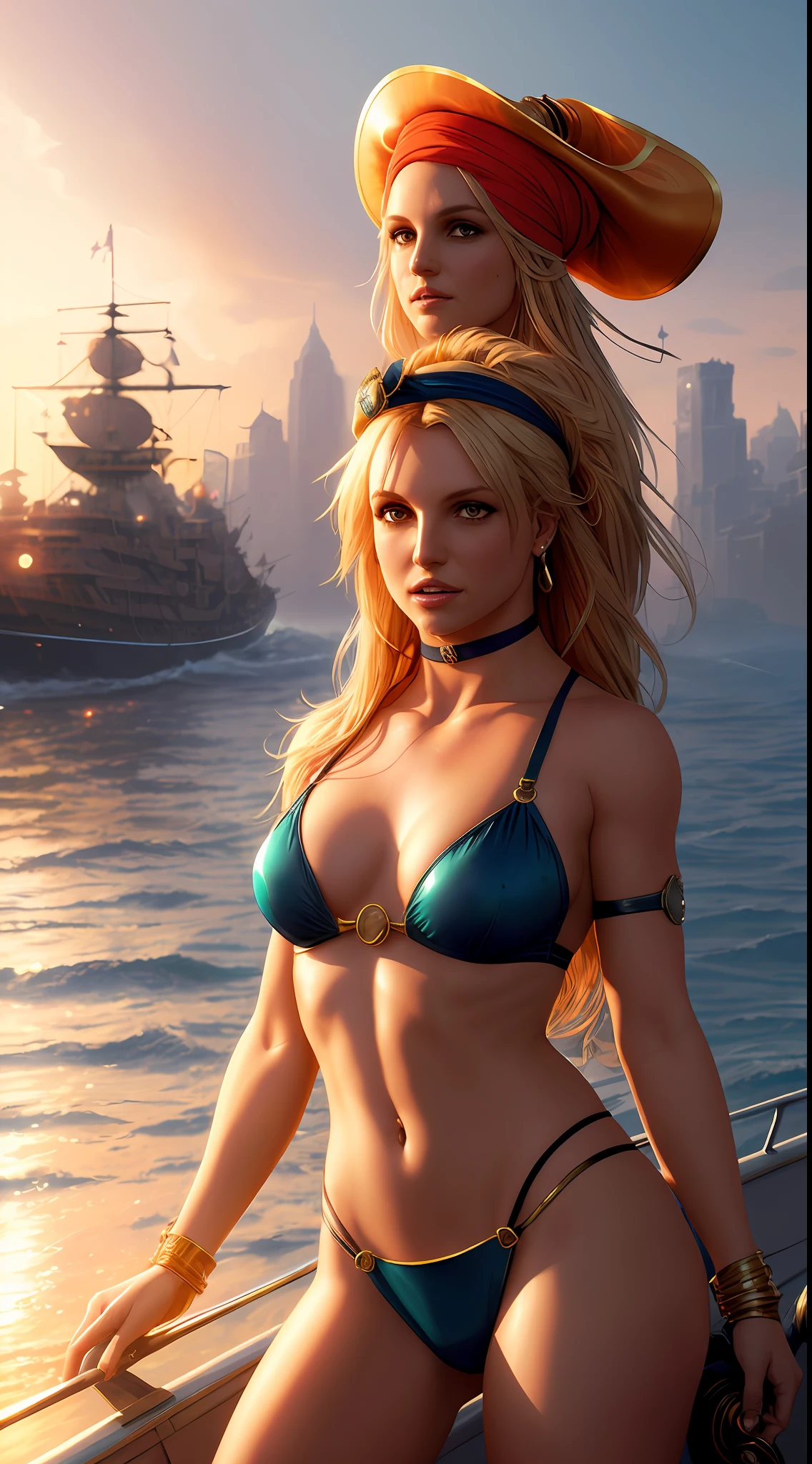 (Britney Spears) Masterpiece, best quality, (8k very detailed CG unit wallpaper) (best quality), (best illustration), (best shading) a golden sea wave, bright orange aol sunset through the wave, golden water drops flying, (:1. 6), fantasy medieval pirate, saber in hand, turban, pirate hat, hat, on a boat, sails, sea and sky background,  the only characters, correct female anatomy, art by Greg Rutkowski, digital art by artgerm, detailed art, masterpiece, digital painting, Times Square 4k background