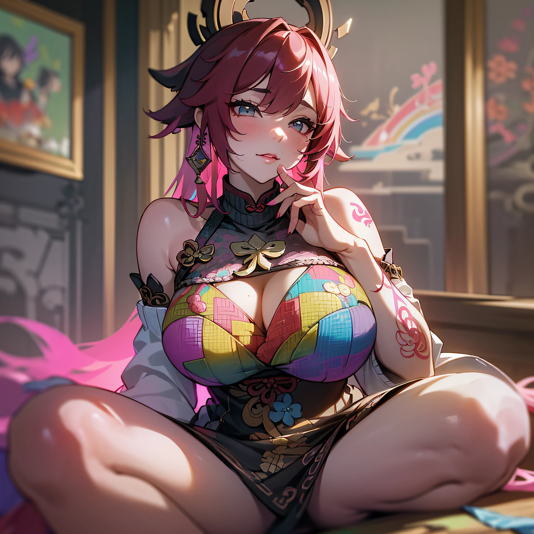 nighttime,long shot,Genshin Impact:Yae Miko,Squatting,(((Wearing vibrant rainbow color scheme art, Suzhou embroidery technology; knitted sweater hole dress))),Masterpiece,best quality,official art,extremely detailed 3DCG unity 8k, ( ##tattoo ##,tattoo, ~+ tattoo), (erfect female curves, huge stacked breast and proud cleavage),(A seductive gaze), Facing the camera, Pink lips,Delicate fingers and hands,magic hour, Rembrandt lighting, front lighting and fill lighting, hard shadow, Arnold render,
