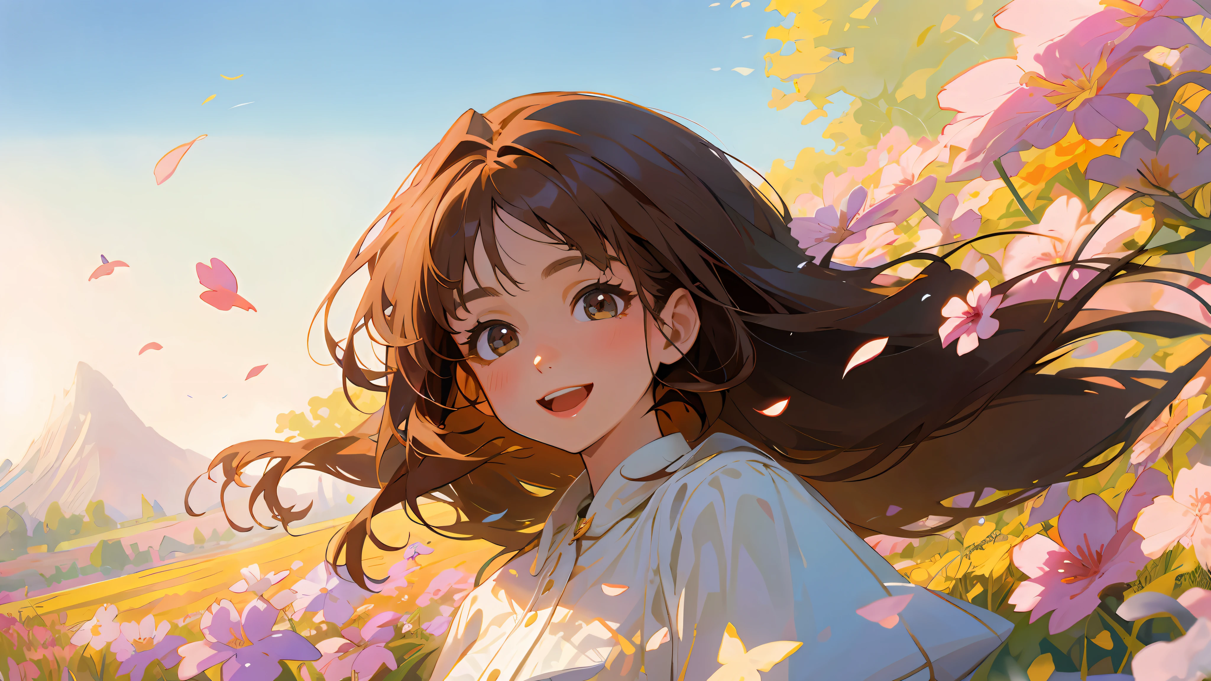 close-up, close-up, close-up, upper body, cinematic angle, masterpiece, best quality, illustration, a girl, looking at the camera, frontal, solo, detailed face, beautiful detailed eyes, brown hair, flowing hair, long hair, dress, standing, standing in a flower field, flower field, happy laughing, wind, petals, flowers, sky, spring