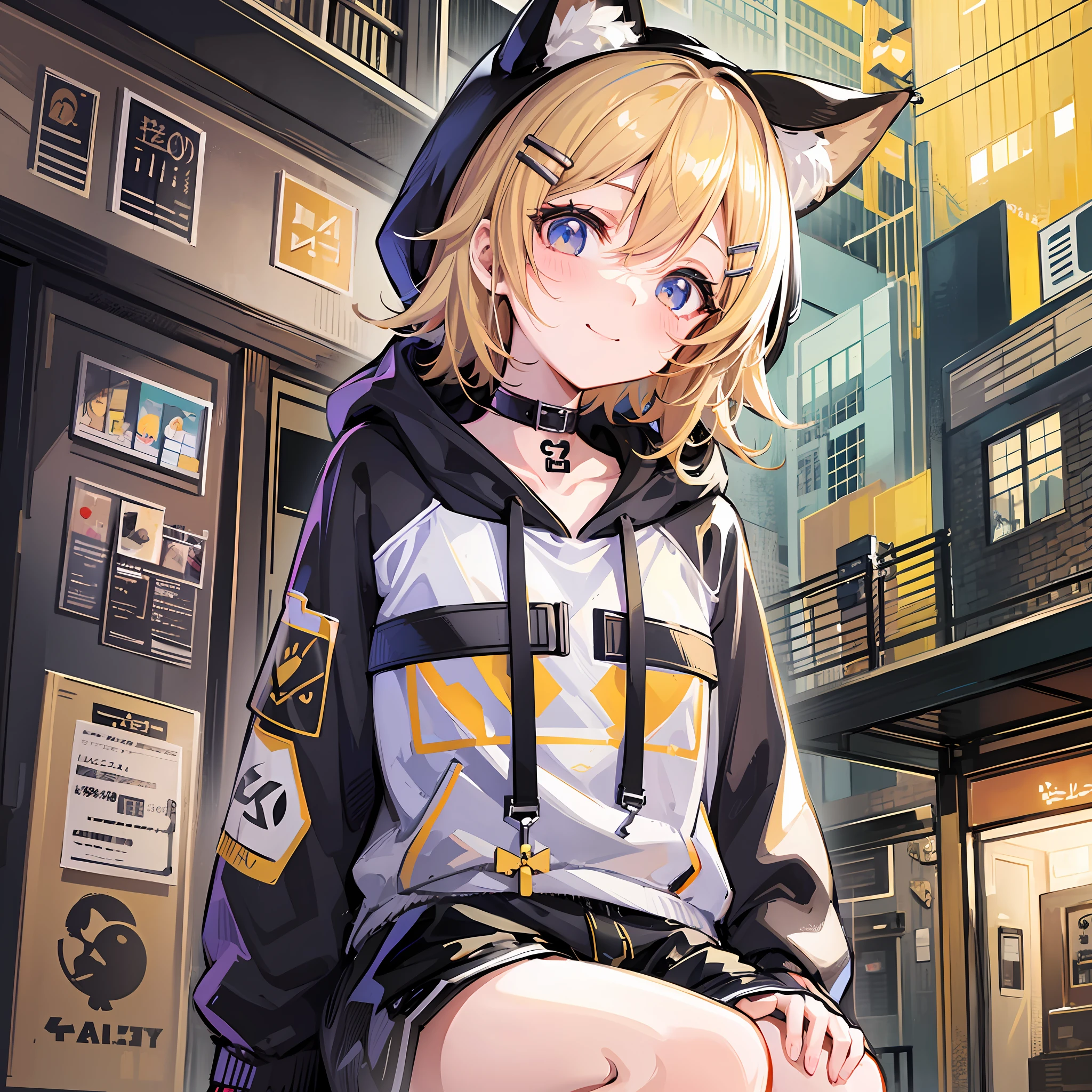 (masterpiece), (highest quality), (illustration), (super detailed), (high resolution), absurdity, one girl, (kagamine-rin), (vocaloid), smile, short hair, hair clip, (hoodie with cat ears), wearing a hoodie hat, moe sleeves, blush, black shorts, (blonde), (tattoo of the number 02 on the left arm), very cute girl, small, young, delicate, Outdoors, attention to girls