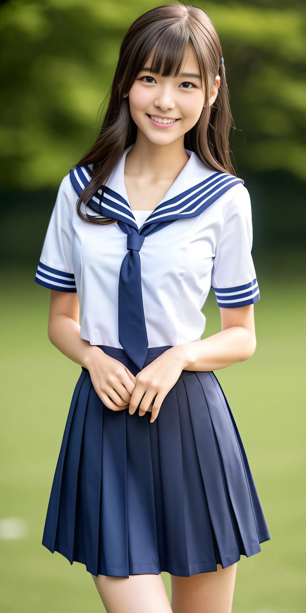 neat college girl, (school uniform, sailor uniform, ribbon tied at , summer uniform, upper body white, skirt is navy blue), outside the athletic field, (slim), photorealistic, detail, skin texture, ultra detail, delicate and  collarbone, smile, super detailed face, detailed lips, detailed eyes, double eyelids, small , small , small, flat ,  emphasis