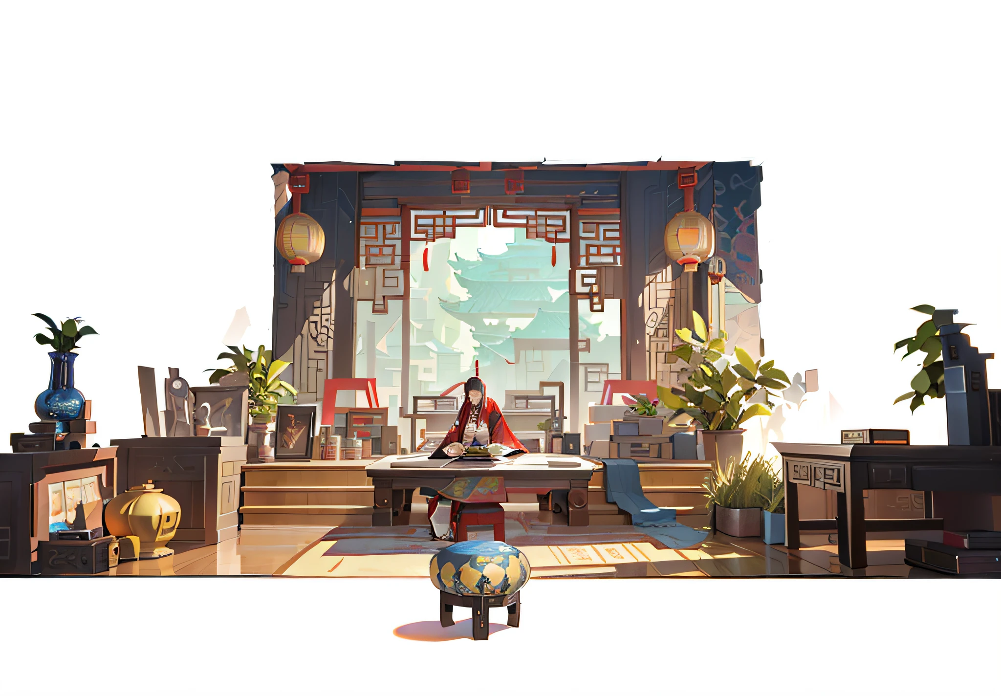 there is a room with a lot of furniture and a painting on the wall, cyberpunk chinese ancient castle, detailed scenery —width 672, beautiful render of tang dynasty, relaxing concept art, background art, movie environment design, interior background art, 2 d game environment design, environment design illustration, anime scenery concept art, video game environment design