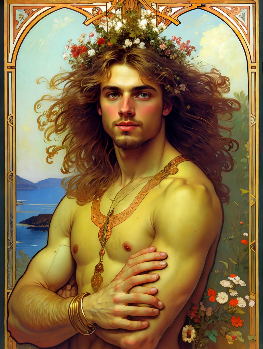 A painted portrait of a fitted Apollo, God of beauty, greek god, blonde hair, big seductive eyes, big lips, golden skin, handsome male, young, insanely handsome, upper body, muscular, hairy torso, fantasy, intricate, elegant, highly detailed, digital painting, art station, concept art, soft, sharp focus, illustration, art by Gaston Bussiere and Alphonse Mucha