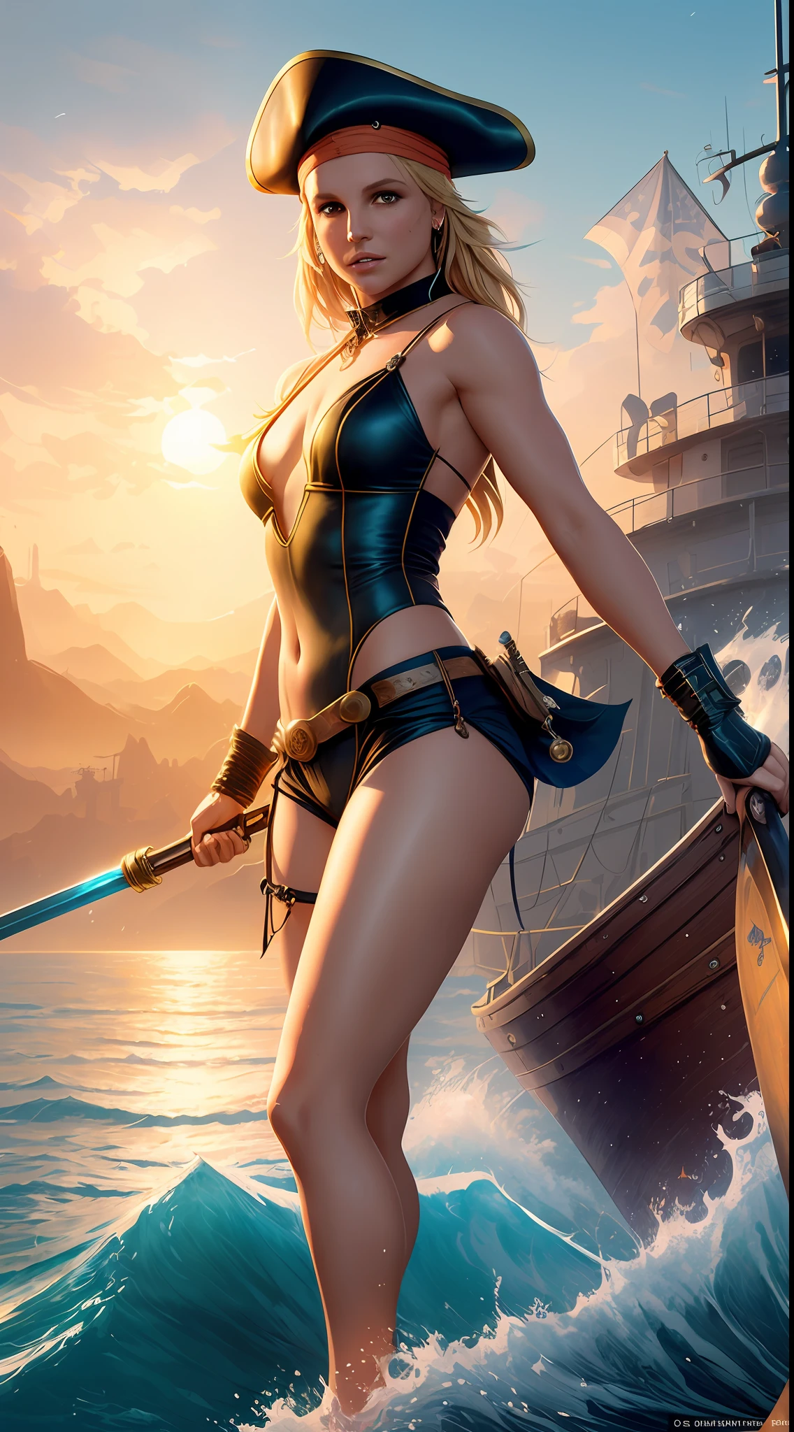 (Britney Spears) Masterpiece, best quality, (8k very detailed CG unit wallpaper) (best quality), (best illustration), (best shading) a golden sea wave, bright orange aol sunset through the wave, golden water drops flying, (:1. 6), fantasy medieval pirate, saber in hand, turban, pirate hat, hat, on a boat, sails, sea and sky background, the only characters, correct female anatomy, art by Greg Rutkowski, digital art by artgerm, detailed art, masterpiece, digital painting, Times Square 4k background