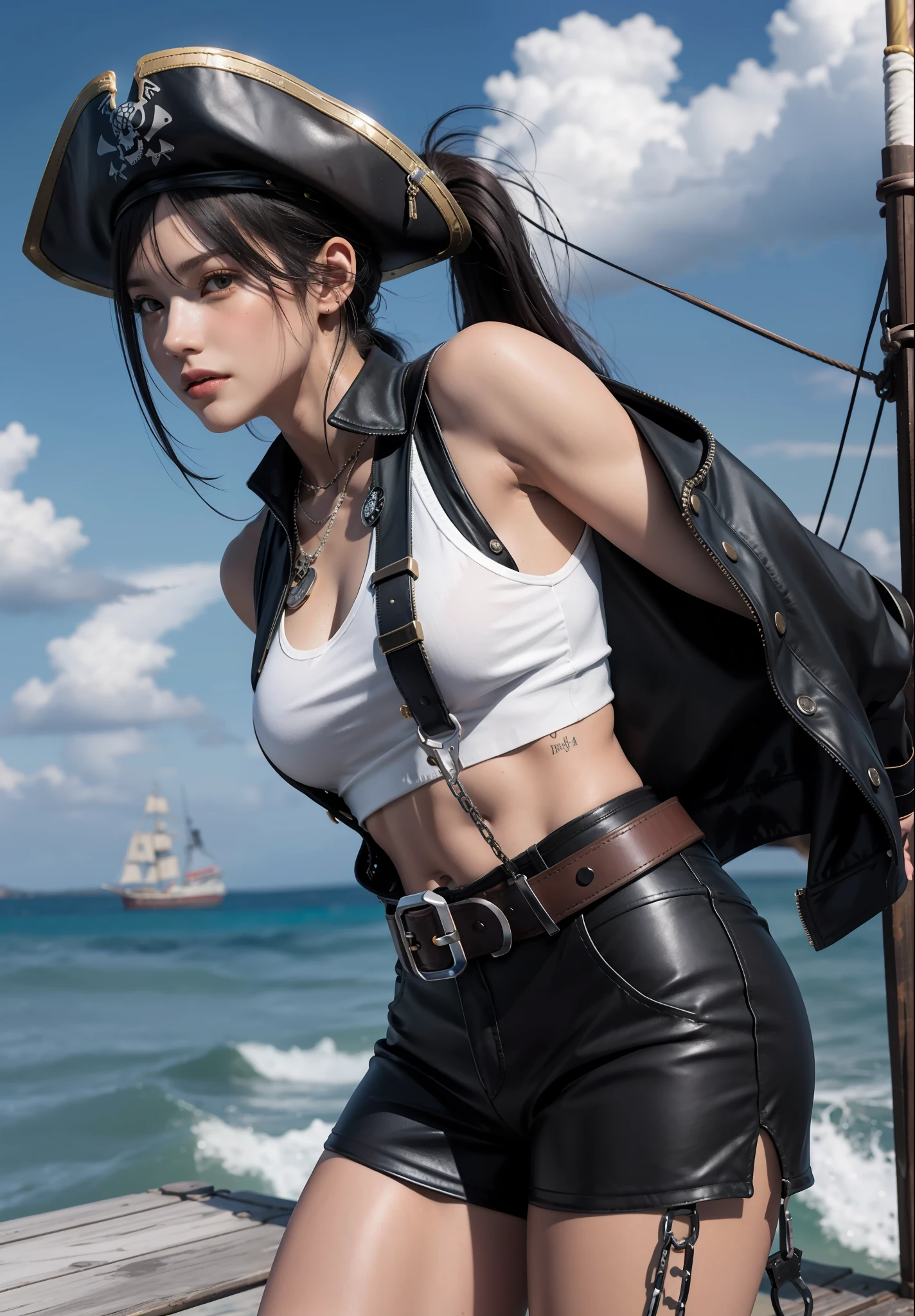 Best Quality, Masterpiece, Ultra High Resolution, (Realisticity: 1.4), Original Photo, Girl, Tifa, Film Lighting, Seaside, Deck, Pirate Hat, Pirate Costume, Cosplay, Pirates of the Caribbean, Cape, Dark Clothing, Sunny, Blue Sky and White Clouds, Conservative Clothing, Leather Vest, Chain Mail, Belt, Sabre, Bodybuilding, Pick Dyeed Gradient Hair, Bangs, High Ponytail, Facial Focus,