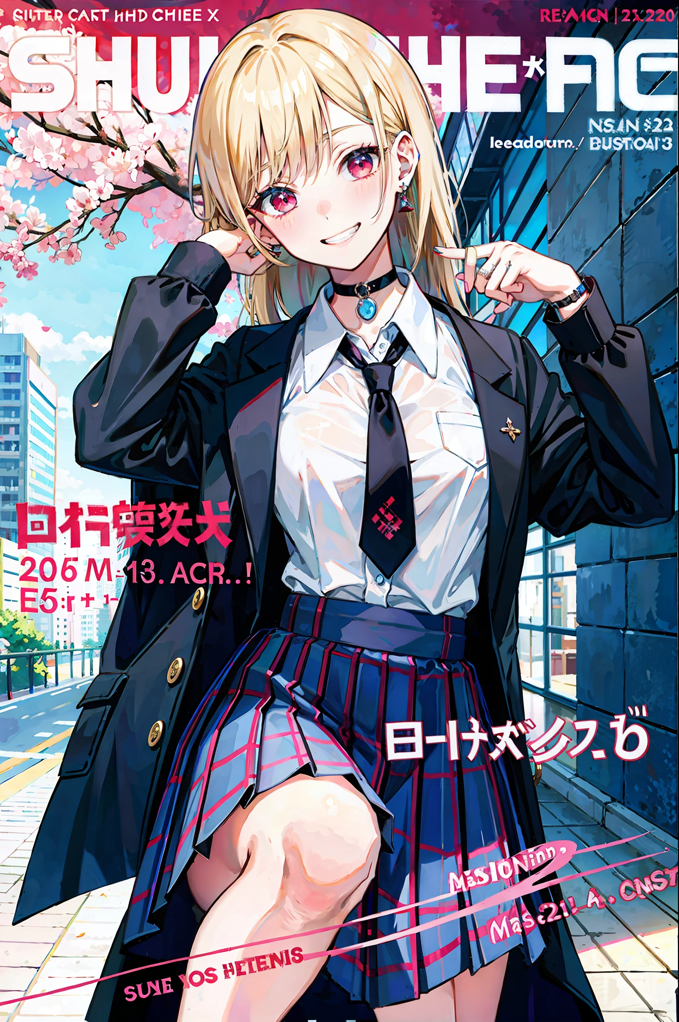 masterpiece, best quality, full body, 1girl, bangs, black choker, black necktie, blonde hair, blue skirt, blush, bracelet, breasts, choker, clothes around waist, collarbone, collared shirt, cowboy shot, dress shirt, ear piercing, eyebrows visible through hair, gradient hair, grin, gyaru, jewelry, kogal, long hair, looking at viewer, loose necktie, necktie, piercing, plaid, plaid skirt, pleated skirt, red eyes, ring, school uniform, shirt, skirt, smile, solo, white shirt, street, sky, cherry blossoms, petals,illustration, (magazine:1.3), (cover-style:1.3), fashionable, woman, vibrant, outfit, posing, front, colorful, dynamic, background, elements, confident, expression, holding, statement, accessory, majestic, coiled, around, touch, scene, text, cover, bold, attention-grabbing, title, stylish, font, catchy, headline, larger, striking, modern, trendy, focus, fashion,
