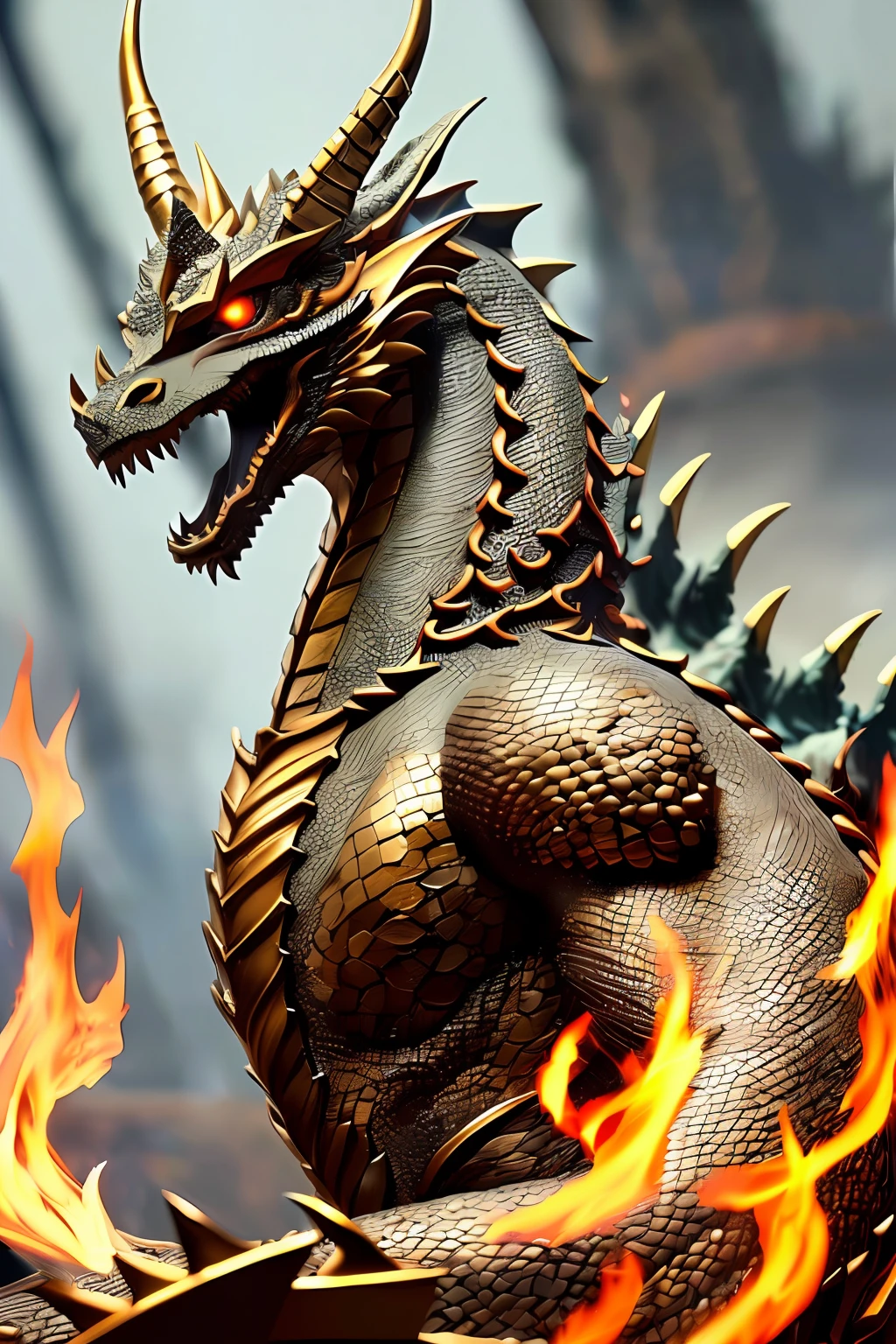 Mysterious Dragon, legendary Dragon King king, intricate detail, incredibly absurdres, extremely delicate and beautiful, whole body, looking_down, extremely detailed body, delicate and delicate face, smug, bright pupils, teeth, Beautiful and detailed explosion, flames of war, burning ground, fighting, destroy, extremely CG, absurdres, very fine 8KCG wallpapers,