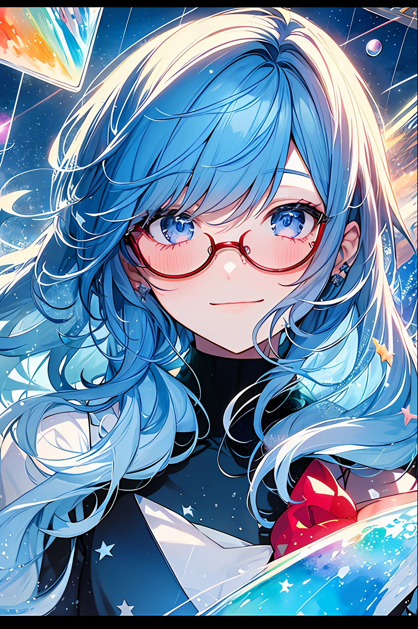 (Masterpiece, Top Quality, Best Quality, Watercolor (Medium), Official Art, Beautiful and Aesthetic: 1.2), (1 Girl: 1.3), (Fractal Art: 1.3), Full Body, Star-shaped Pupil, Viewer's Look, Pattern, (Blue Hair, Light Blue Hair, Half Blue and Half Light Blue Hair: 1.2), Water, Liquid, Clouds, Colorful, Starry Sky, Stars, Smile, Glasses, Close Up, Rain, Wet, Red Moon, School Uniform
