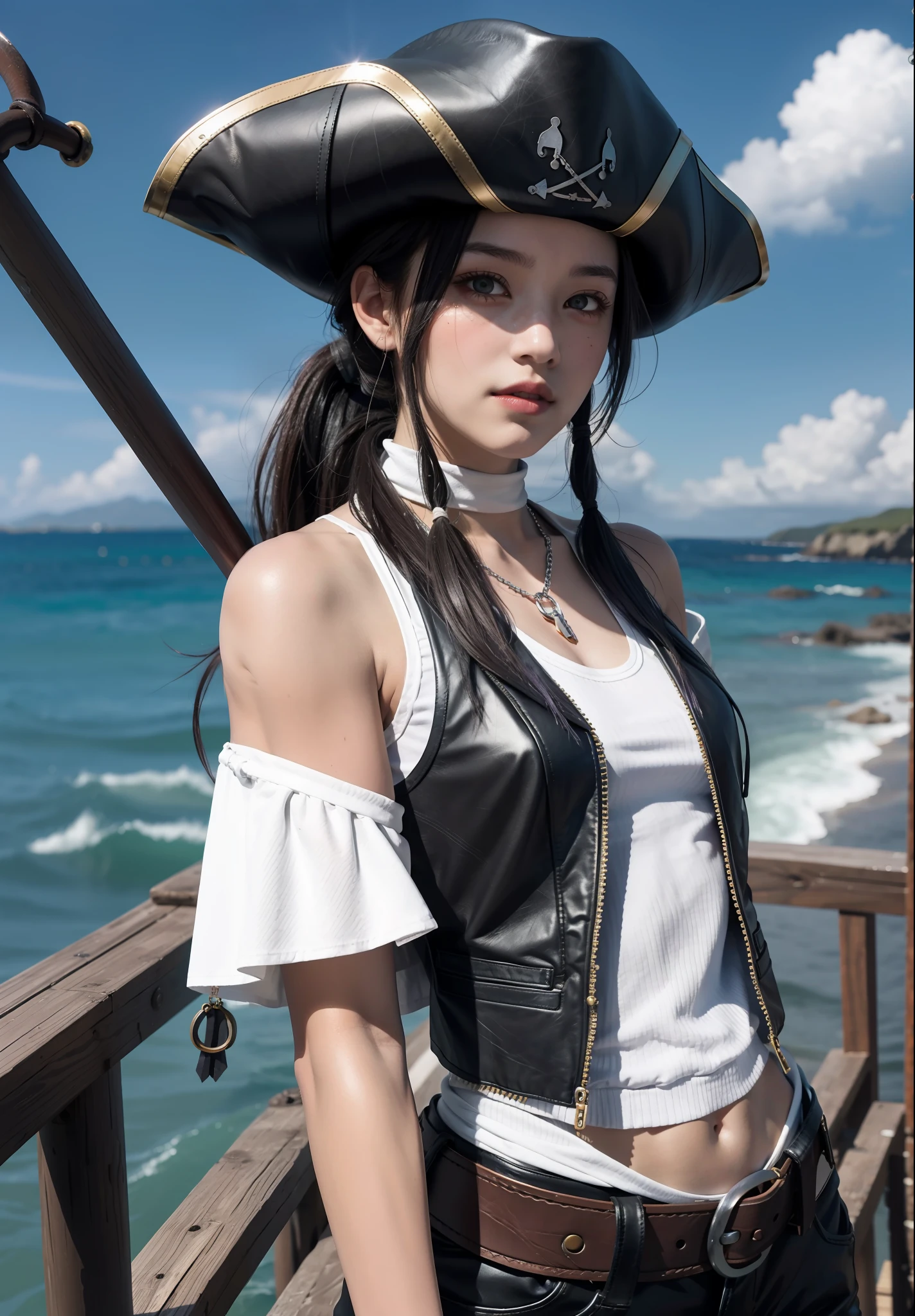 Best Quality, Masterpiece, Ultra High Resolution, (Realisticity: 1.4), Original Photo, ************ Girl, Tifa, Film Lighting, Seaside, Deck, Pirate Hat, Pirate Costume, Cosplay, Pirates of the Caribbean, Cape, Dark Clothing, Sunny, Blue Sky and White Clouds, Conservative Clothing, Leather Vest, Chain Mail, Belt, Sabre, Bodybuilding, Pick Dyeed Gradient Hair, Bangs, High Ponytail, Facial Focus,