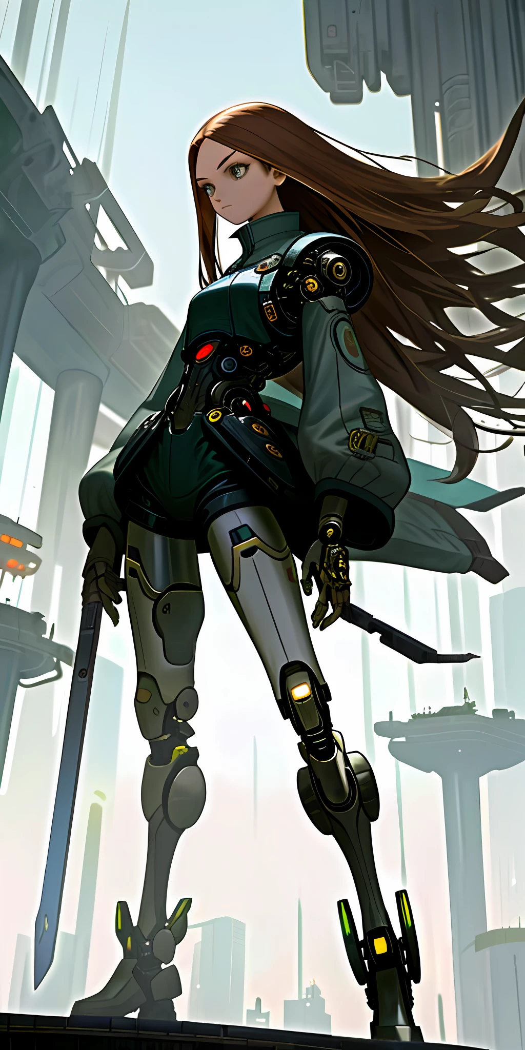 (masterpiece, top quality), cyborg girl, holding blades in both hands, standing and turning, long hair fluttering, ruined futuristic city in the background