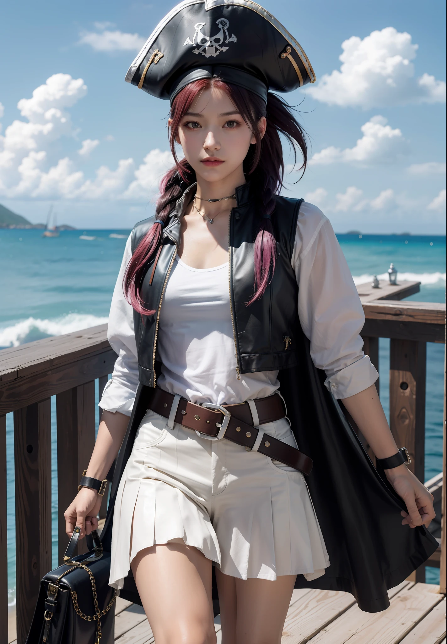 Best Quality, Masterpiece, Ultra High Resolution, (Realisticity: 1.4), Original Photo, 16 Years Old Girl, Tifa, Film Lighting, Seaside, Deck, Pirate Hat, Pirate Costume, Cosplay, Pirates of the Caribbean, Cape, Dark Clothing, Sunny, Blue Sky and White Clouds, Conservative Clothing, Leather Vest, Chain Mail, Belt, Sabre, Bodybuilding, Pick Dyeed Gradient Hair, Bangs, High Ponytail, Facial Focus,