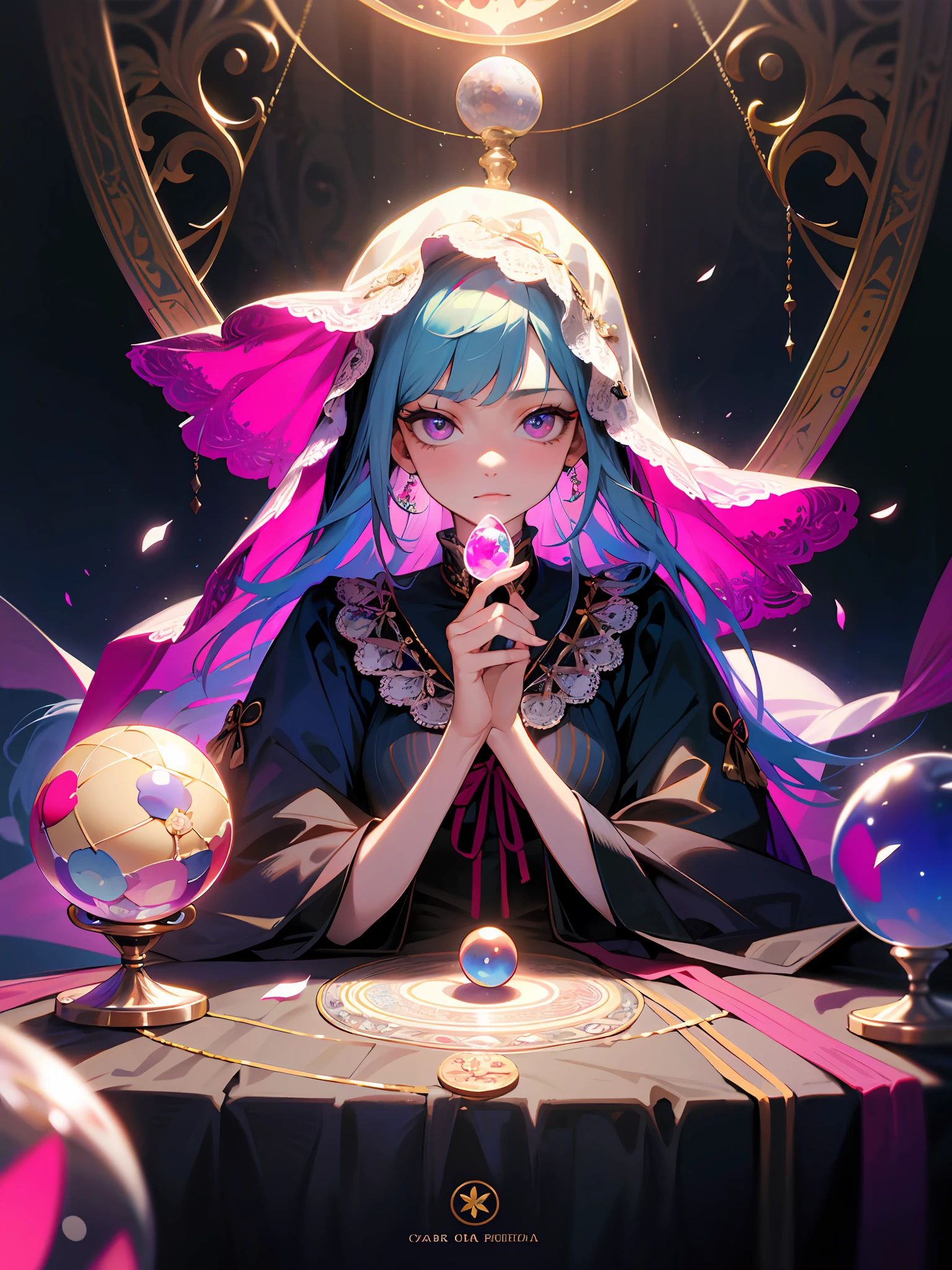 Top quality, masterpiece, high resolution, perfect detail, (very fine and beautiful: 1.1), (official art, beautifully aesthetic: 1.2), (fractal art: 1.3), (lots of flower effects: 1.4), 1girl, looking_at_viewer, portrait, solo, very vivid colorful, (many flower effects: 1.3), A lot of petals, beautiful light, Fine Beauty, (Detailed face with fine eyes: 1.1), (Beautiful clear background: 1.1), lace, ribbon, flowers and petals, beautiful concept illustration, crystal ball, holding tarot card in hand, fortune teller, fortune teller's veil, fortune teller's clothes in a highly decorated fortune teller's tent stands in a dark alleyway , Inside, an ugly old woman in a strange gypsy costume sits at a table, her hands on a crystal ball and a Ouija board