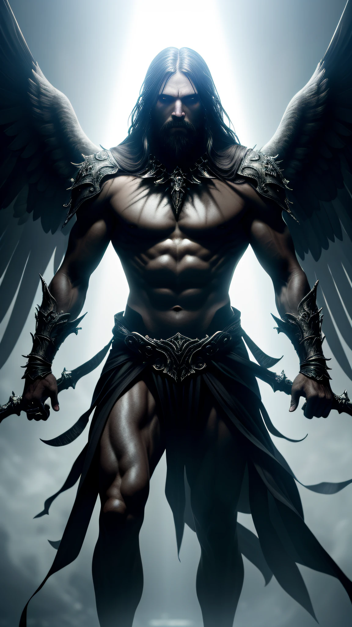 dark, (ashenhard style:1.1),, a male angel, with beams of light enveloping his body, his feathery wings are spread out, a golden halo over his head, muscular, beard, masculine, masterpiece, best quality, intricate detail, absurdres, high detail RAW color Photo, highly detailed, harsh lighting, cinematic lighting, detailed eyes, distinct pupils, contrast, textured skin, cold skin pores, hard light, gigapixel, feet visible, flawless face, 8k resolution, beautiful, cinematic, elegant, hyperrealistic, octane render, unreal, high definition, 8k resolution, highly detailed, 8k uhd, professional lighting, photon mapping, radiosity, physically-based rendering, perfect face, detailed face and body, award-winning photography, detailed face, backlight, ultrarealistic, ray tracing, intense gaze, cinematic lighting