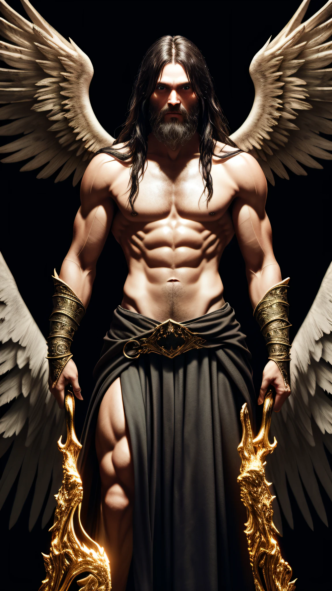 dark, (ashenhard style:1.1),, a male angel, with beams of light enveloping his body, his feathery wings are spread out, a golden halo over his head, muscular, beard, masculine, masterpiece, best quality, intricate detail, absurdres, high detail RAW color Photo, highly detailed, harsh lighting, cinematic lighting, detailed eyes, distinct pupils, contrast, textured skin, cold skin pores, hard light, gigapixel, feet visible, flawless face, 8k resolution, beautiful, cinematic, elegant, hyperrealistic, octane render, unreal, high definition, 8k resolution, highly detailed, 8k uhd, professional lighting, photon mapping, radiosity, physically-based rendering, perfect face, detailed face and body, award-winning photography, detailed face, backlight, ultrarealistic, ray tracing, intense gaze, cinematic lighting