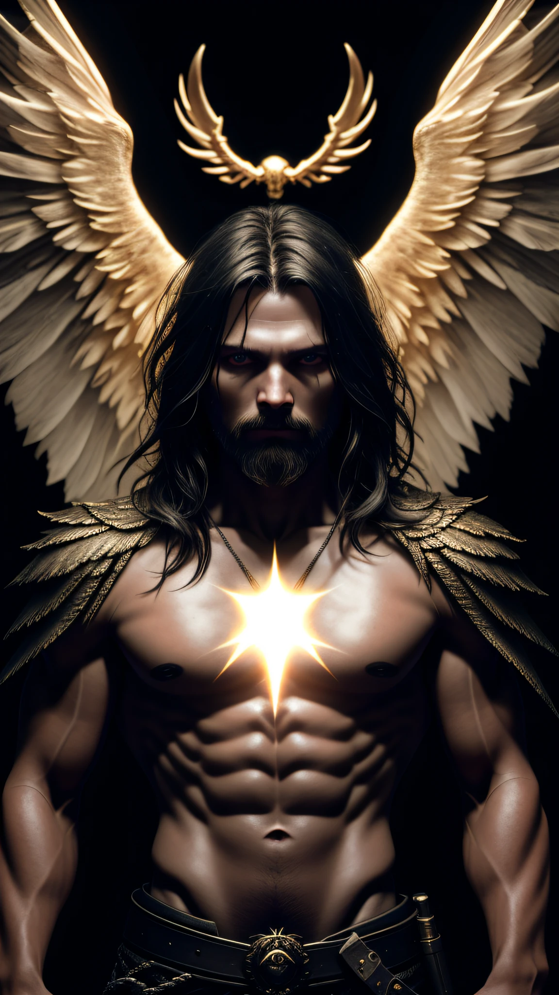 dark, (ashenhard style:1.1),, a male angel, with beams of light enveloping his body, his feathery wings are spread out, a golden halo over his head, muscular, beard, masculine, masterpiece, best quality, intricate detail, absurdres, high detail RAW color Photo, highly detailed, harsh lighting, cinematic lighting, detailed eyes, distinct pupils, contrast, textured skin, cold skin pores, hard light, gigapixel, feet visible, flawless face, 8k resolution, beautiful, cinematic, elegant, hyperrealistic, octane render, unreal, high definition, 8k resolution, highly detailed, 8k uhd, professional lighting, photon mapping, radiosity, physically-based rendering, perfect face, detailed face and body, award-winning photography, detailed face, backlight, ultrarealistic, ray tracing, intense gaze, cinematic lighting
