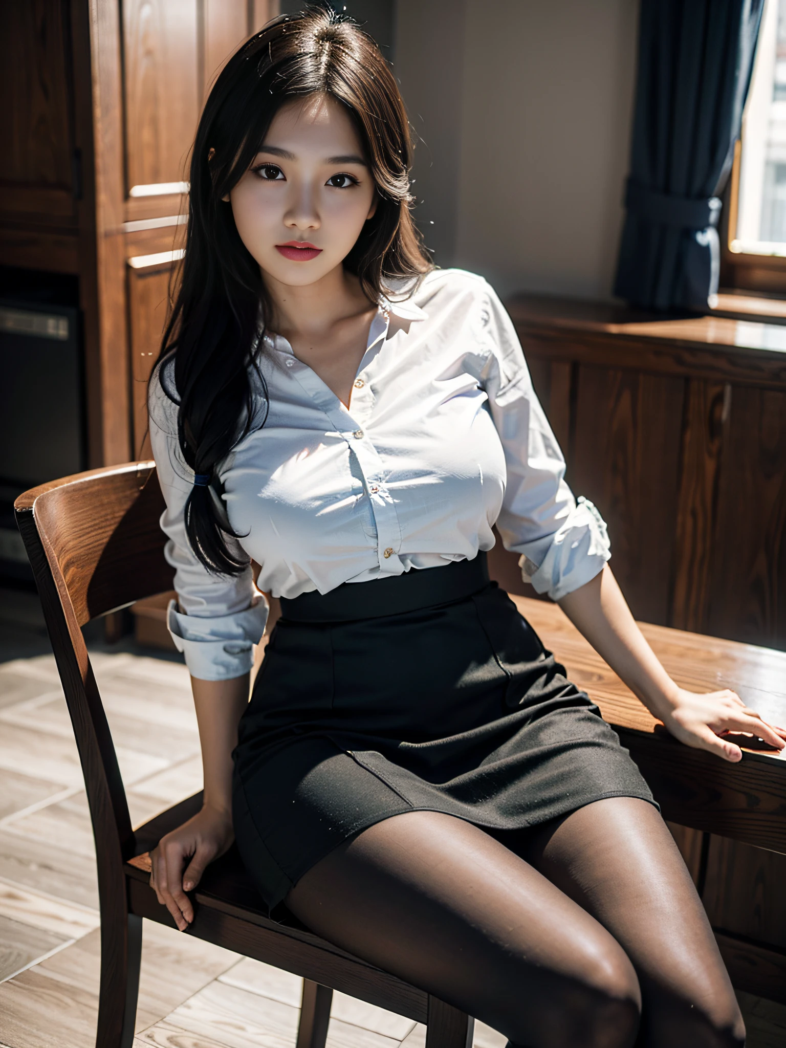 1girl, (light smile: 1.5), a 35-year-old mature Chinese woman, shiny skin, medium breasts, beautiful leg line: 1.3, thin waist, school uniform, thighs, (pencil skirt: 1.2), (pantyhose: 1.3), (golden ratio chart), (sitting on a chair, erlang legs: 1.3), close up Masterpiece, best quality, best perspective, ultra-detailed and complex, extremely refined and beautiful, best quality light, (ray tracing: 1.1), anti-aliasing, realistic, (Intricate details: 1.2), (Fine details), (cinematic light, best quality backlight), clear lines, sharp focus, official art, Unity 8k wallpaper, ridiculous, incredibly ridiculous, huge file size, super detailed, high resolution, extremely detailed extremely refined and beautiful, RAW photos, professional lighting, dynamic lighting, light on face, depth of field, monofocal, hands behind you