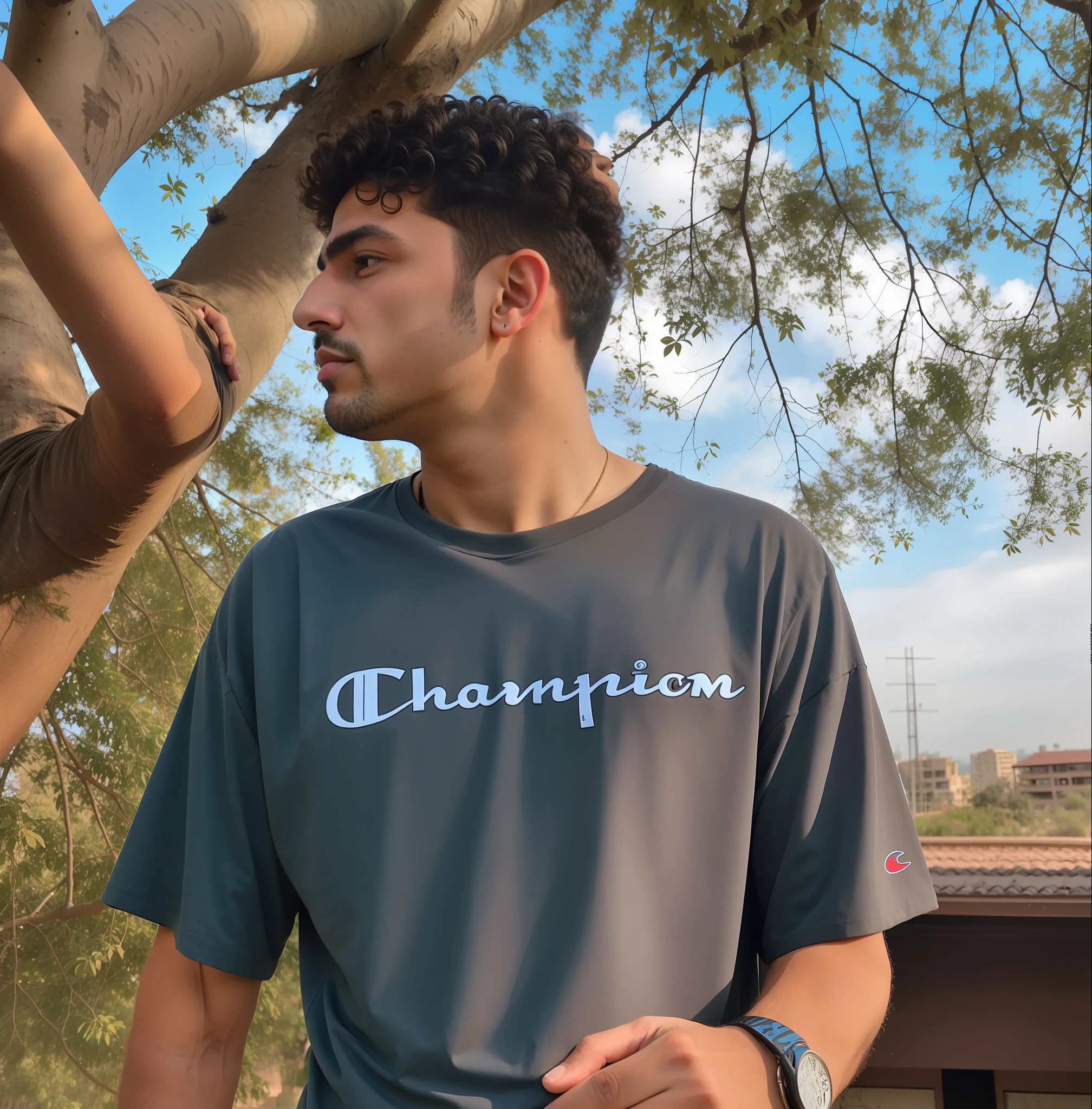 arafed man in a champion shirt standing next to a tree, mohamed chahin style, champion, trending on r/streetwear, mohamed chahin, profile image, profile shot, inspired by Ion Andreescu, with a tree in the background, profile pic, official, dhamphir, riyahd cassiem, in tshirt