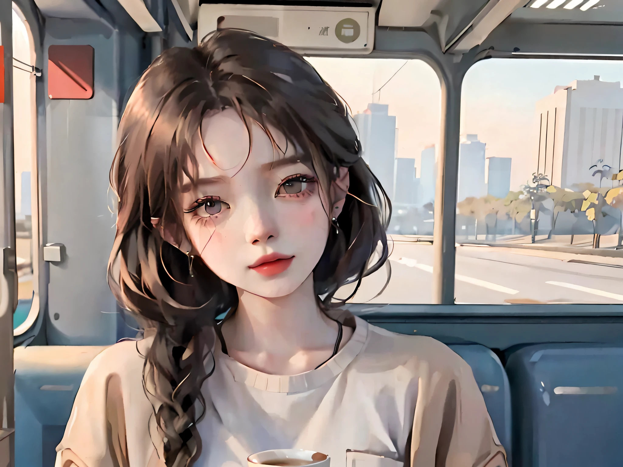 anime girl with long hair sitting on a bus with a cup of coffee, 🤤 girl portrait, artwork in the style of guweiz, lofi portrait, portrait anime girl, beautiful anime portrait, anime style. 8k, realistic anime 3 d style, kawaii realistic portrait, cute portrait, beautiful anime girl, lofi girl, guweiz, realistic anime artstyle