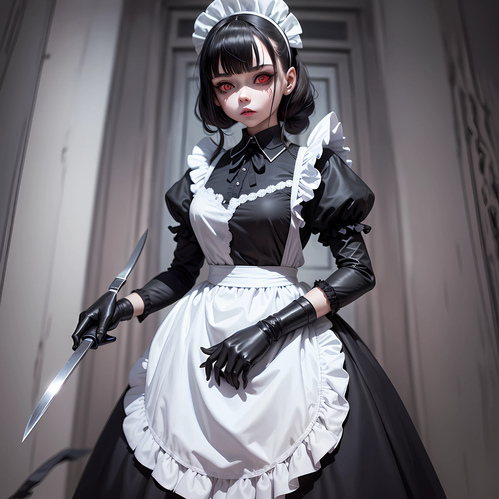 Terrifying doll with steel teeth and dark eyes. Dressed as a maid in black dress and white apron. Standing with a bloody knife in his right hand