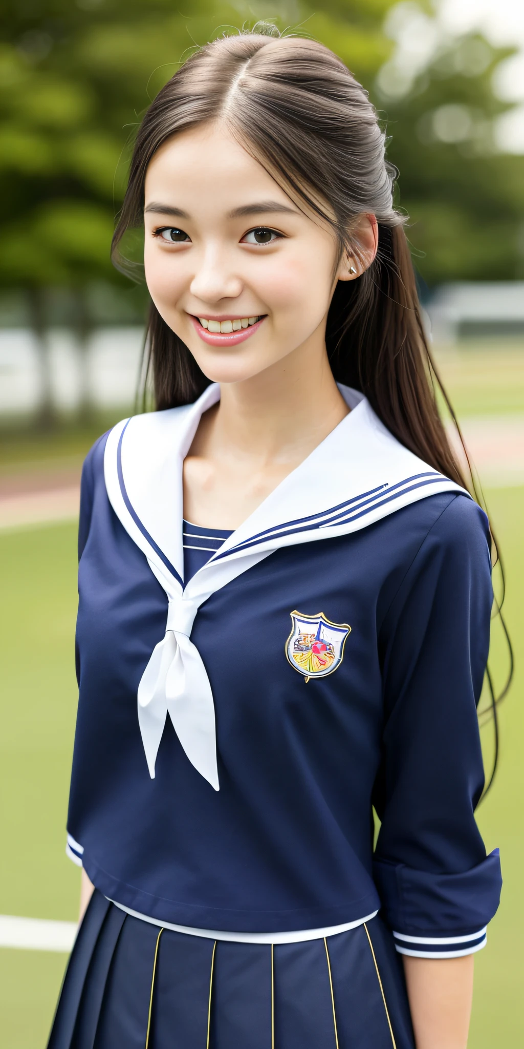 neat college girl, (school uniform, sailor uniform, ribbon tied at chest, summer uniform, upper body white, skirt is navy blue), outside the athletic field, (slim), photorealistic, detail, skin texture, ultra detail, delicate and sexy collarbone, smile, super detailed face, detailed lips, detailed eyes, double eyelids, small breasts, small breasts, small, flat breasts, breast emphasis