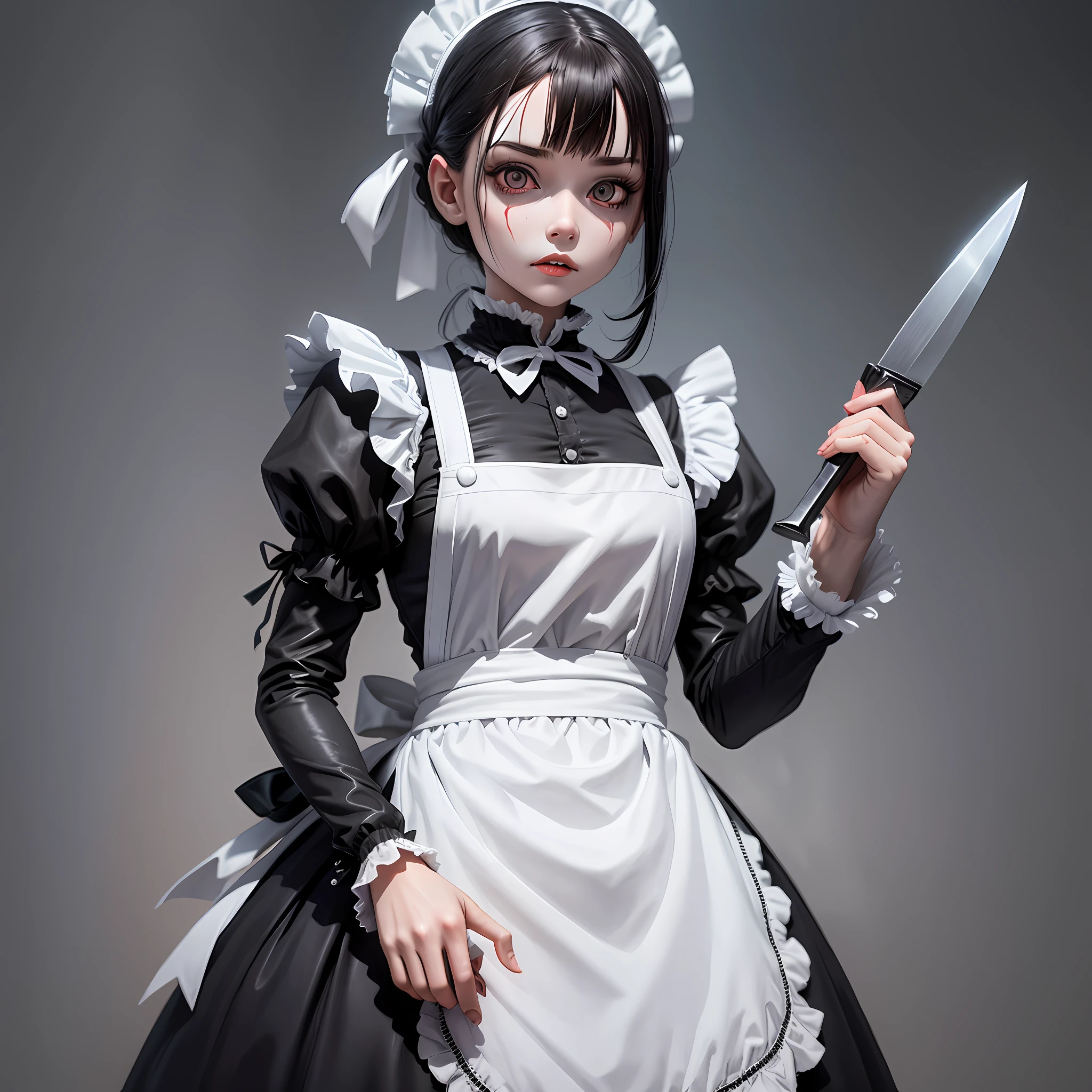 Terrifying doll with steel teeth and dark eyes. Dressed as a maid in black dress and white apron. Standing with a bloody knife in his right hand