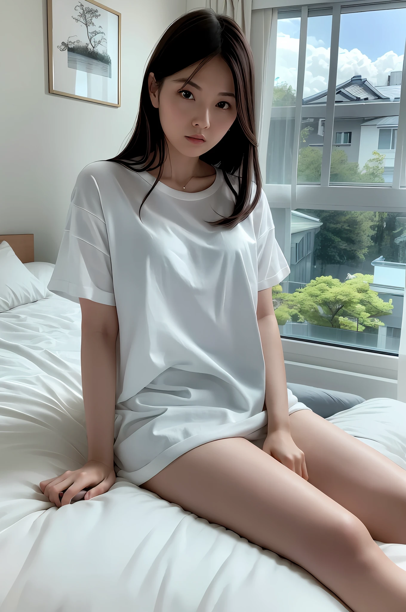there is a woman sitting on a bed in a white shirt, japanese model, posing in a bedroom, sitting on the bed, soft morning lighting, ultra realistic picture, in white clothes, sitting on a bed, soft body, soft natural lighting, posing in bed, japanese goddess, sitting in bedroom, pale blue, close angle, attractive pose, young sensual gravure idol